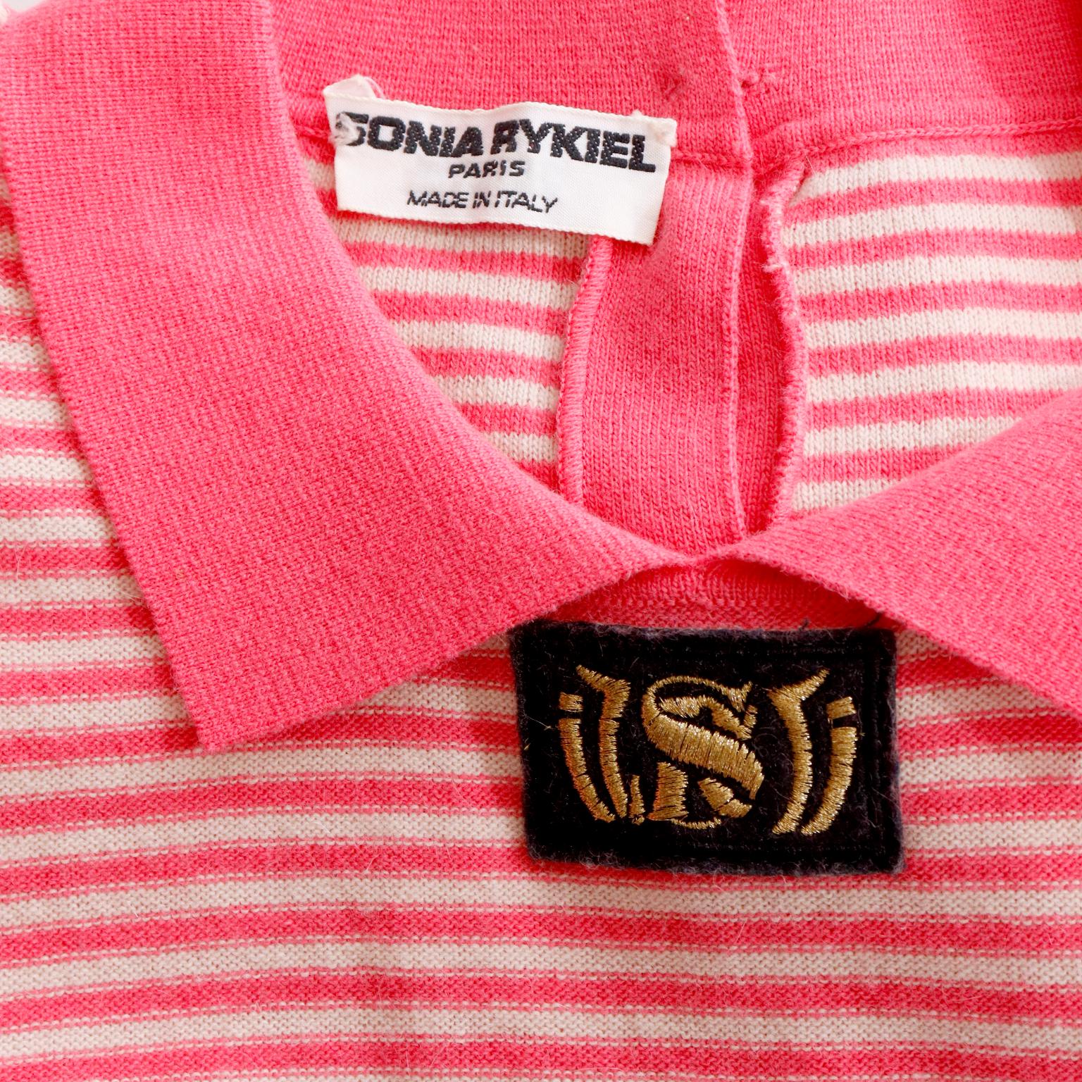 Sonia Rykiel - Pull en maille rayé rose des années 1980 avec emblème logo en vente 2