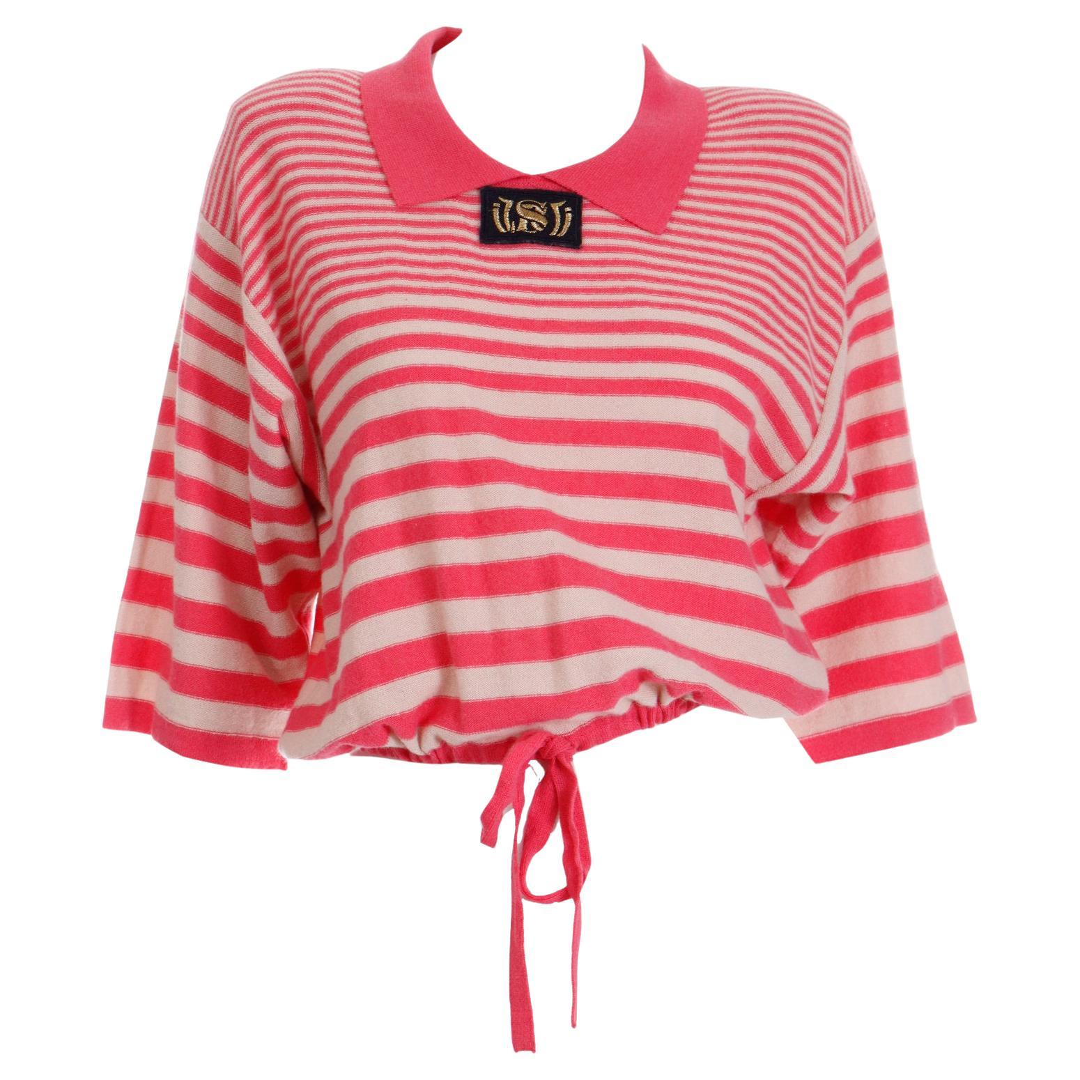 Sonia Rykiel Vintage Pink Striped 1980s Knit Sweater Top w Logo Emblem For Sale