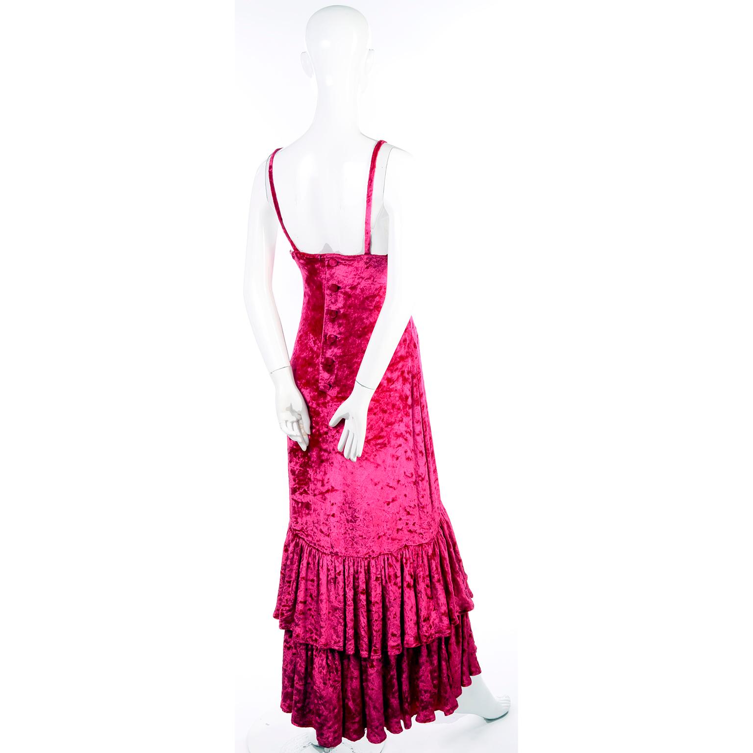 Pink Sonia Rykiel Vintage Raspberry Red Crushed Velvet Dress W/ Ruffled High Low Hem For Sale