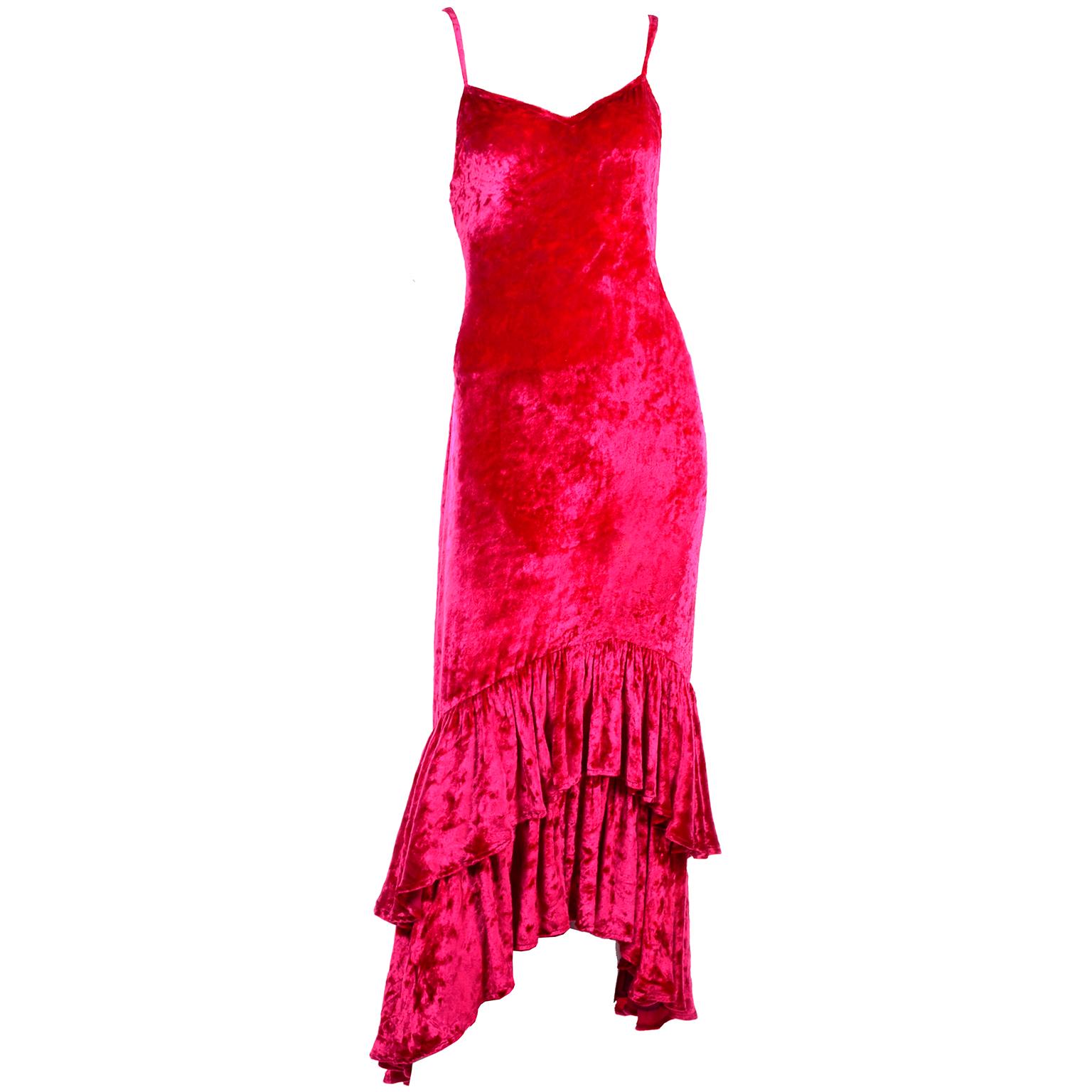 Sonia Rykiel Vintage Raspberry Red Crushed Velvet Dress W/ Ruffled High Low Hem For Sale