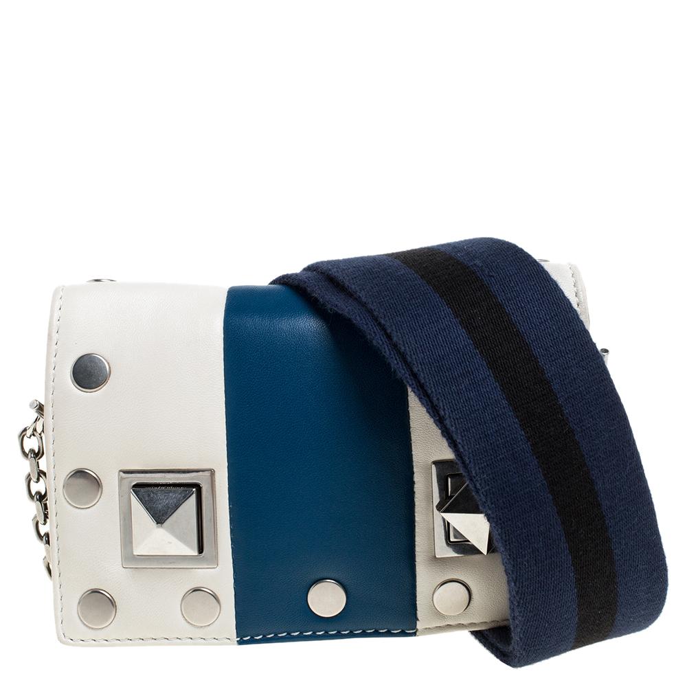 Sonia Rykiel White/Blue Leather Studded Flap Crossbody Bag In Good Condition In Dubai, Al Qouz 2