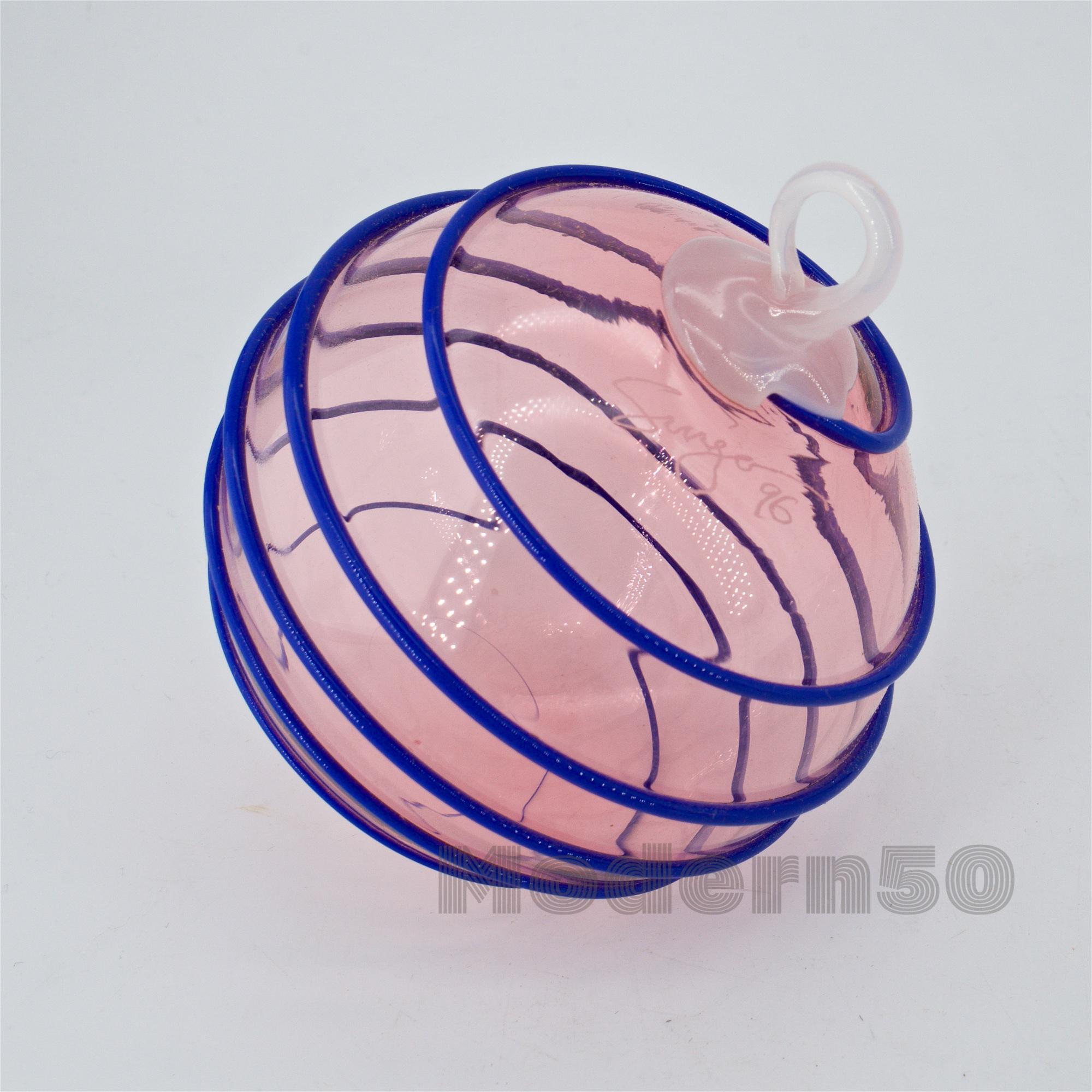 Hand-Crafted Sonja Blomdahl Nordstrom Christmas Ornament Art Glass Blown Orb Sphere Spiral For Sale