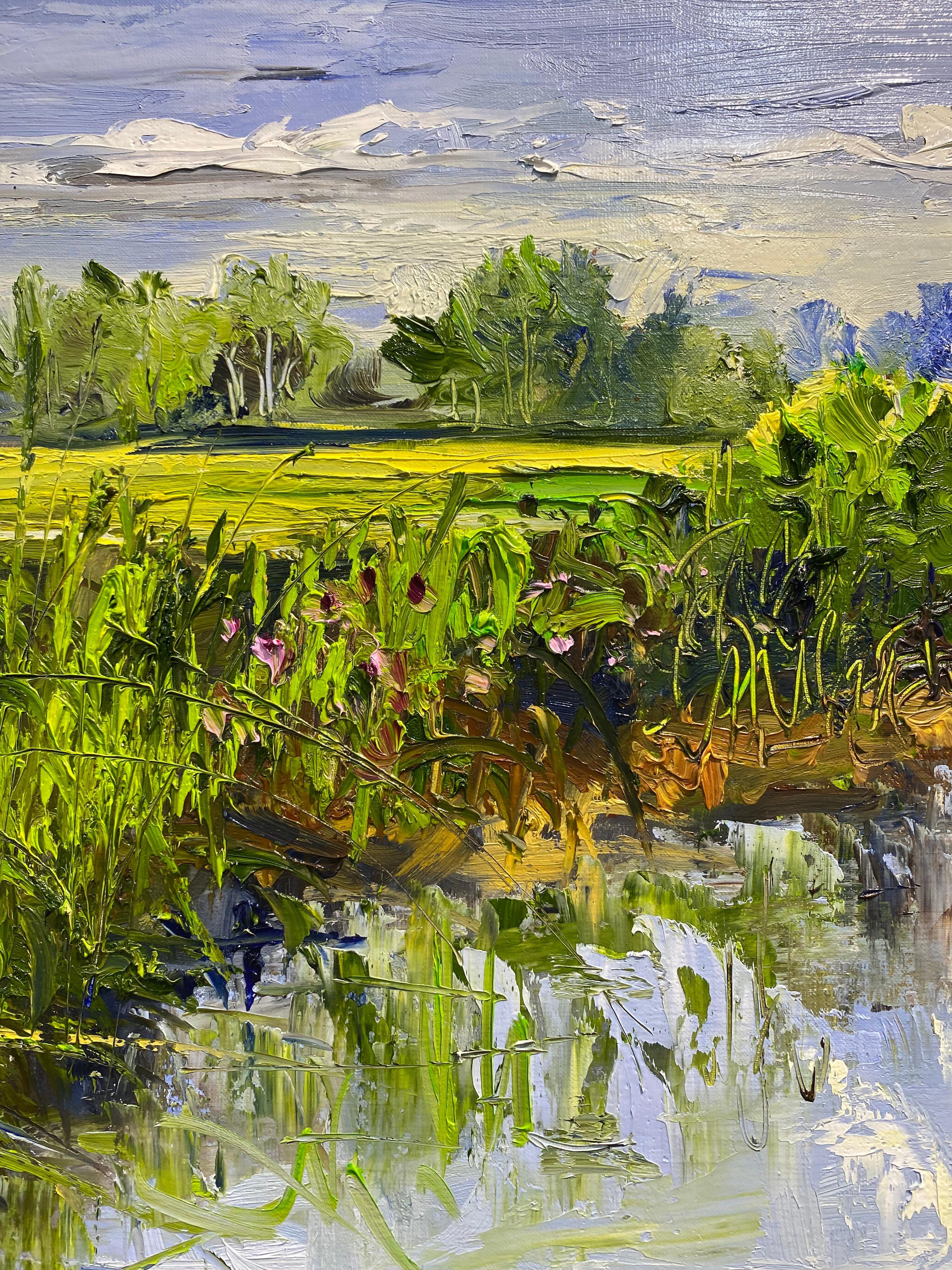 Greene & Greene - Peinture impressionniste contemporaine du 21e siècle représentant un paysage - Gris Landscape Painting par Sonja Brussen