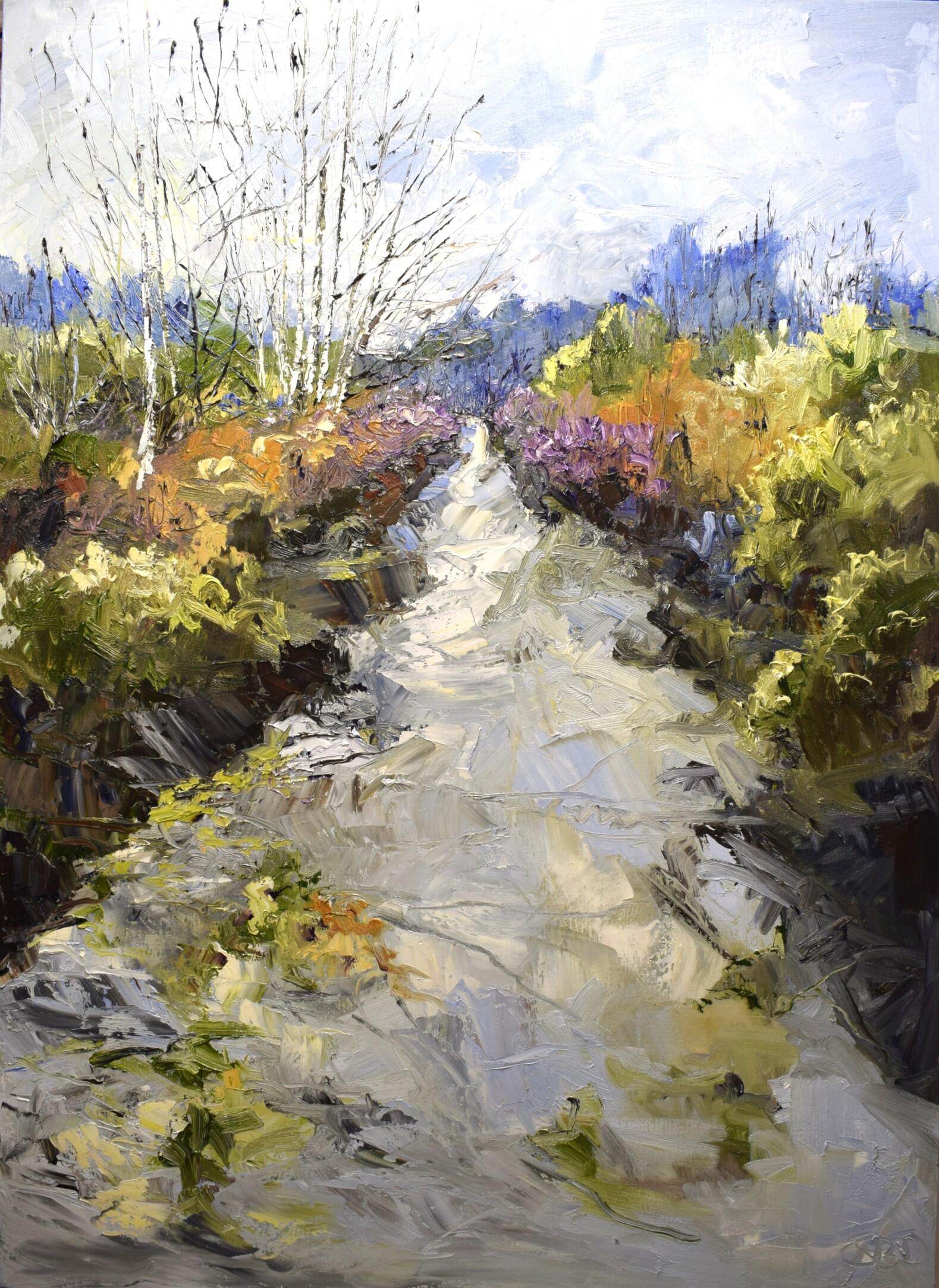 Sonja Brussen Landscape Painting – Spaziergang - 21. Jahrhundert Zeitgenössisches impressionistisches Gemälde einer Landschaft