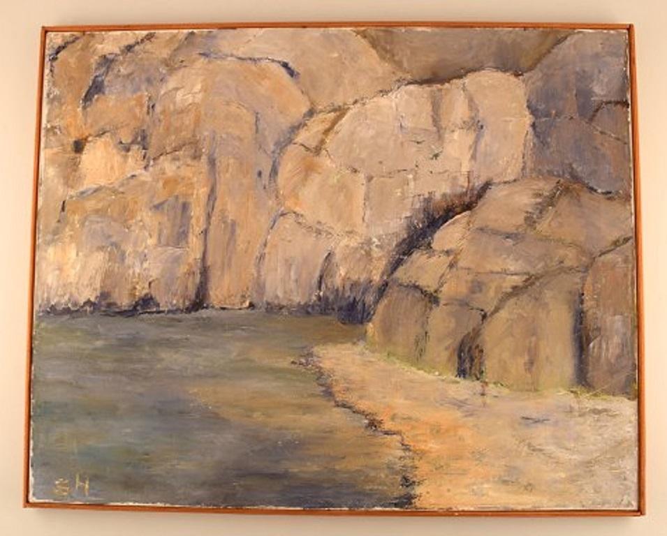Sonja Henningsen, Danish artist. Oil on canvas. Landscape with the rock formation, 1970s.
The canvas measures: 69 x 55.5 cm.
The frame measures: 1 cm.
In very good condition.
Signed in monogram.