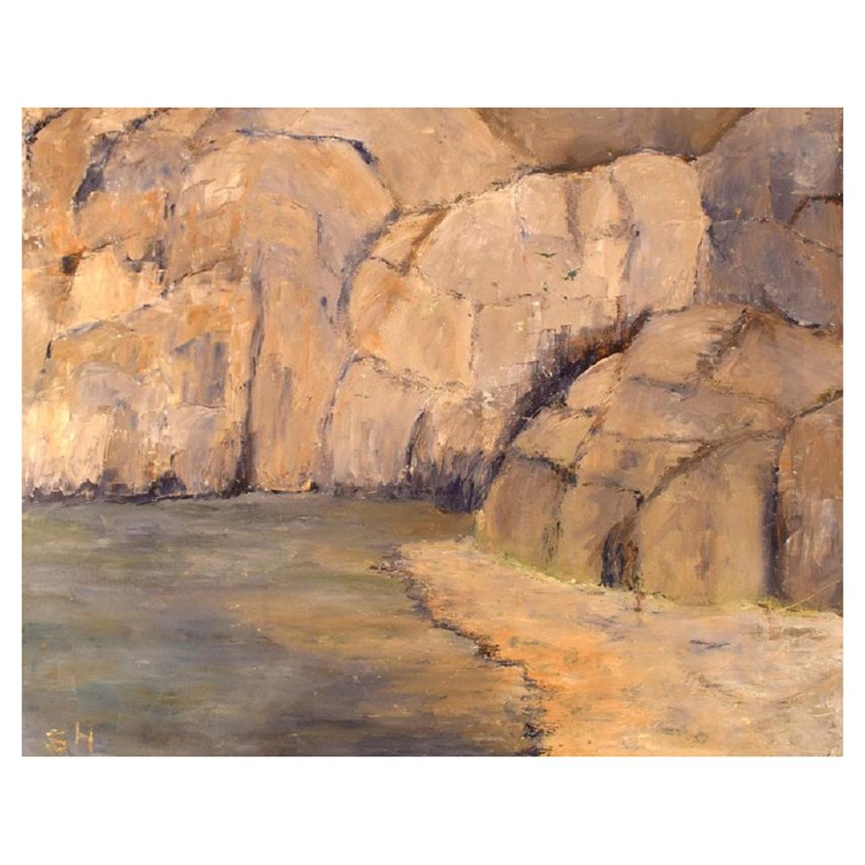 Sonja Henningsen, Danish Artist, Oil on Canvas, Landscape with Rock Formation