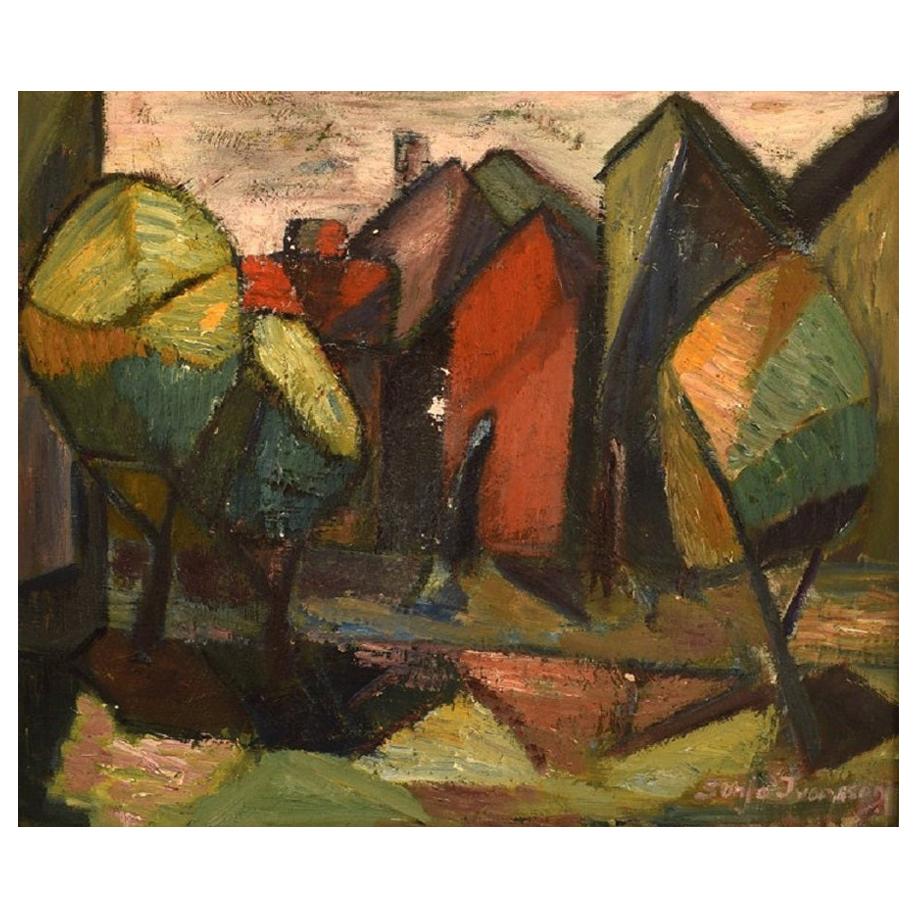 Sonja Ivarsson, Swedish Painter, Oil on Canvas, Cubist Landscape
