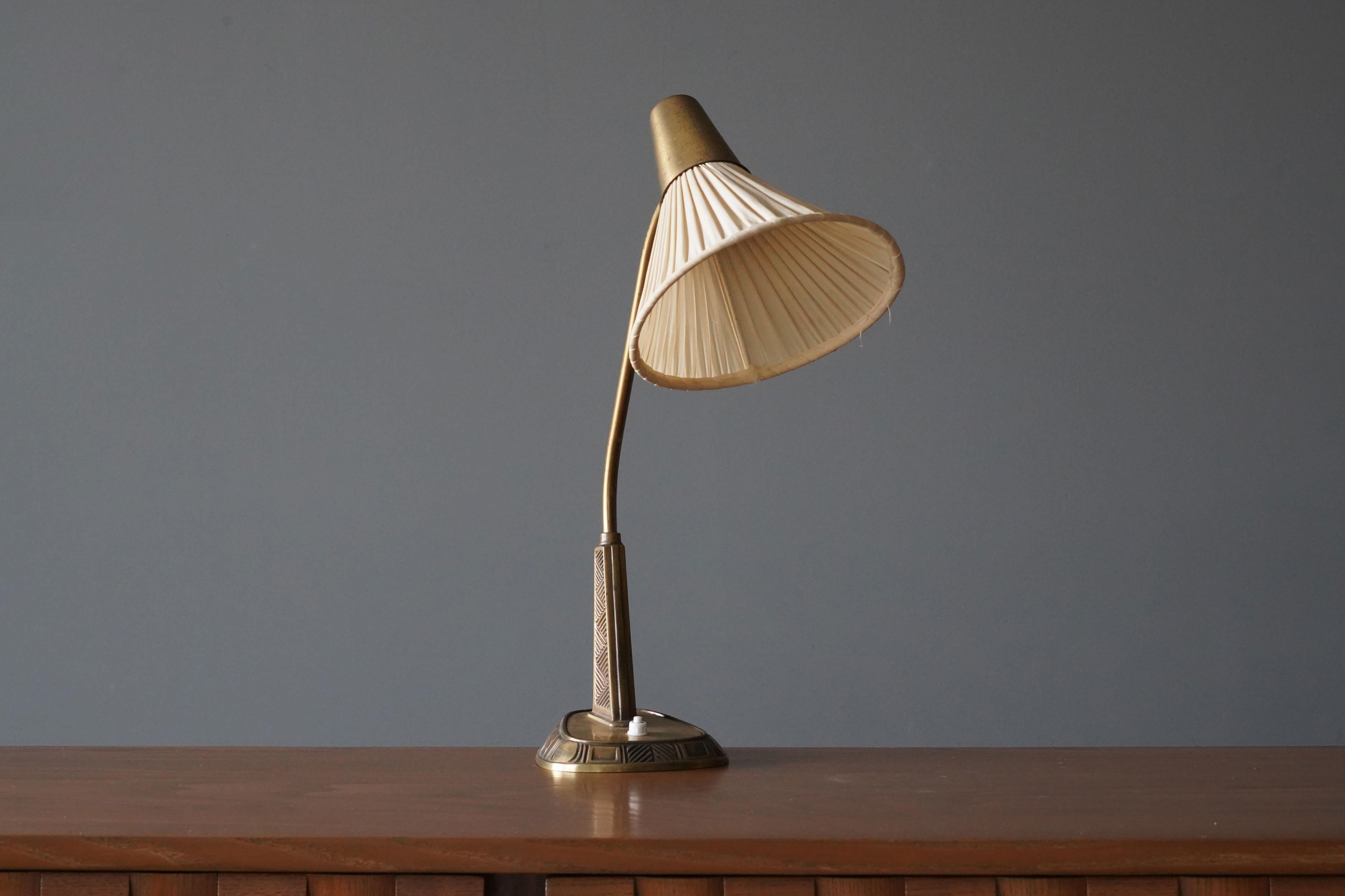 Mid-Century Modern Sonja Katzin, Adjustable Table Lamp, Brass, Fabric, for ASEA, Sweden, 1950s