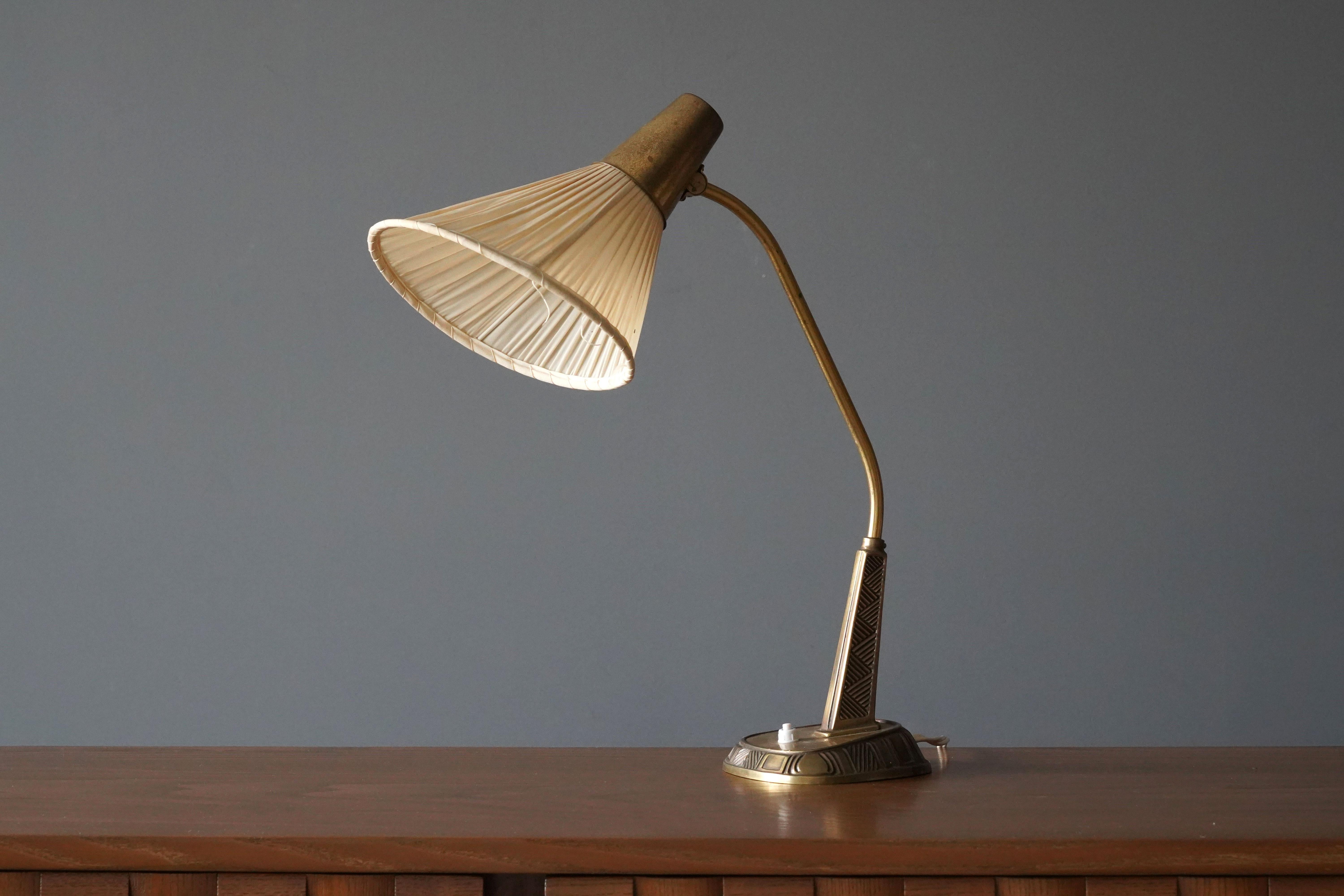 Swedish Sonja Katzin, Adjustable Table Lamp, Brass, Fabric, for ASEA, Sweden, 1950s