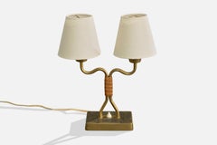 Sonja Katzin Attribution, Table Lamp, Brass, Leather, Fabric, Sweden, 1950s
