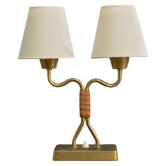 Sonja Katzin Attribution, Table Lamp, Brass, Leather, Fabric, Sweden, 1950s
