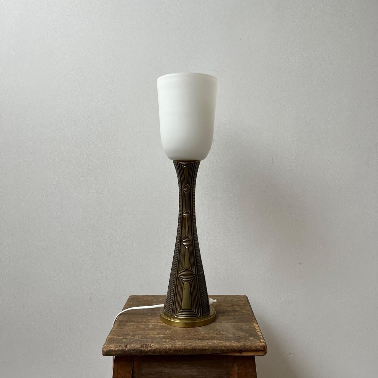 Swedish Sonja Katzin Mid-Century Brass and Opaline Glass Table Lamp For Sale
