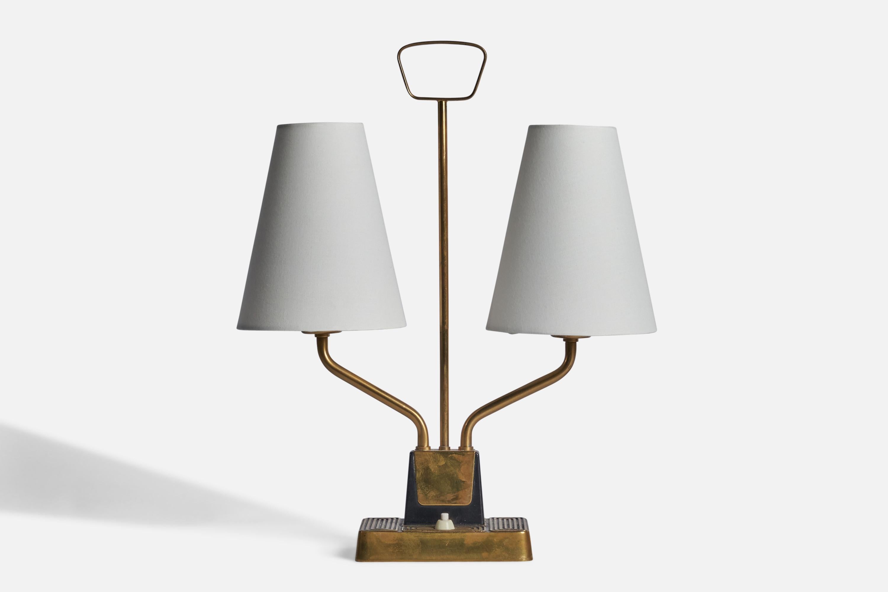 A brass, black-lacquered metal and white fabric table lamp designed by Sonja Katzin and produced by ASEA, Sweden, 1940s.

Overall Dimensions (inches): 16.75” H x 12.5” W x 4.25” 
Bulb Specifications: E-26 Bulb
Number of Sockets: 2
All lighting will