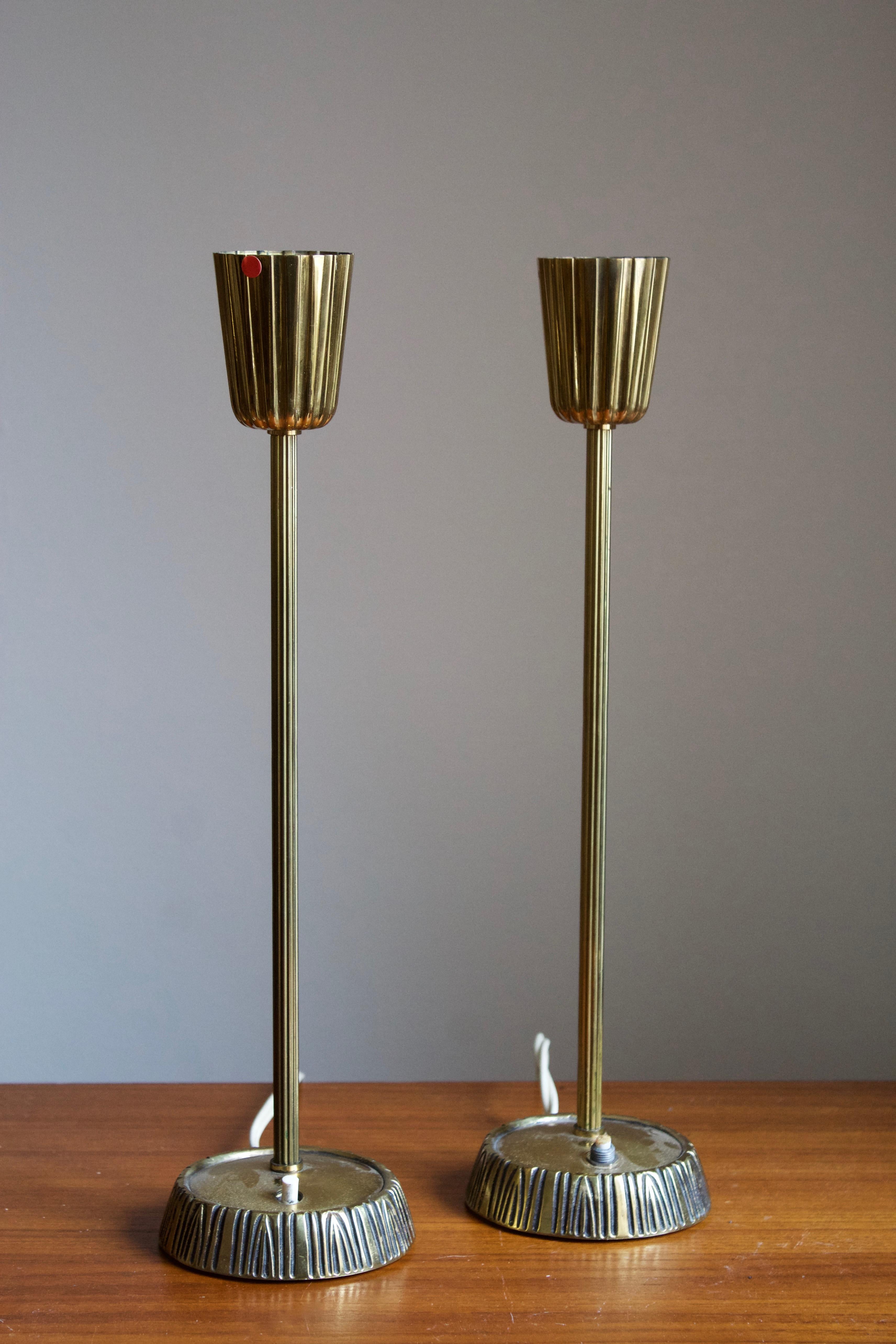 Mid-Century Modern Sonja Katzin, Table Lamps, Brass, Rattan, for ASEA, Sweden, 1950s