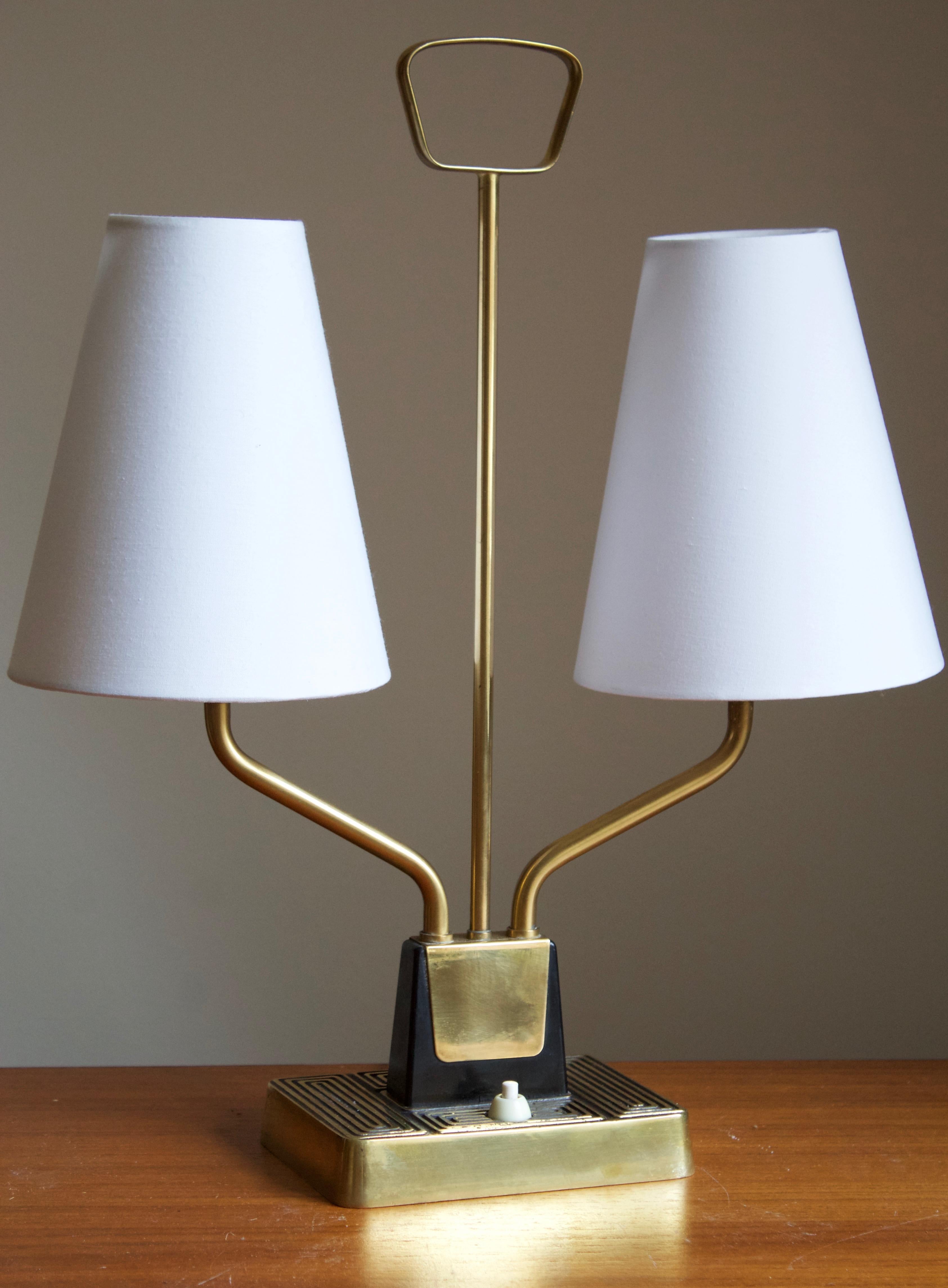 Mid-Century Modern Sonja Katzin, Two-Armed Table Lamp, Brass, Fabric, for ASEA, Sweden, 1950s