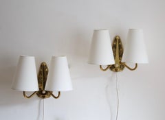 Sonja Katzin, Two-Armed Wall Lights, Brass, Fabric, for ASEA, Sweden, 1950s