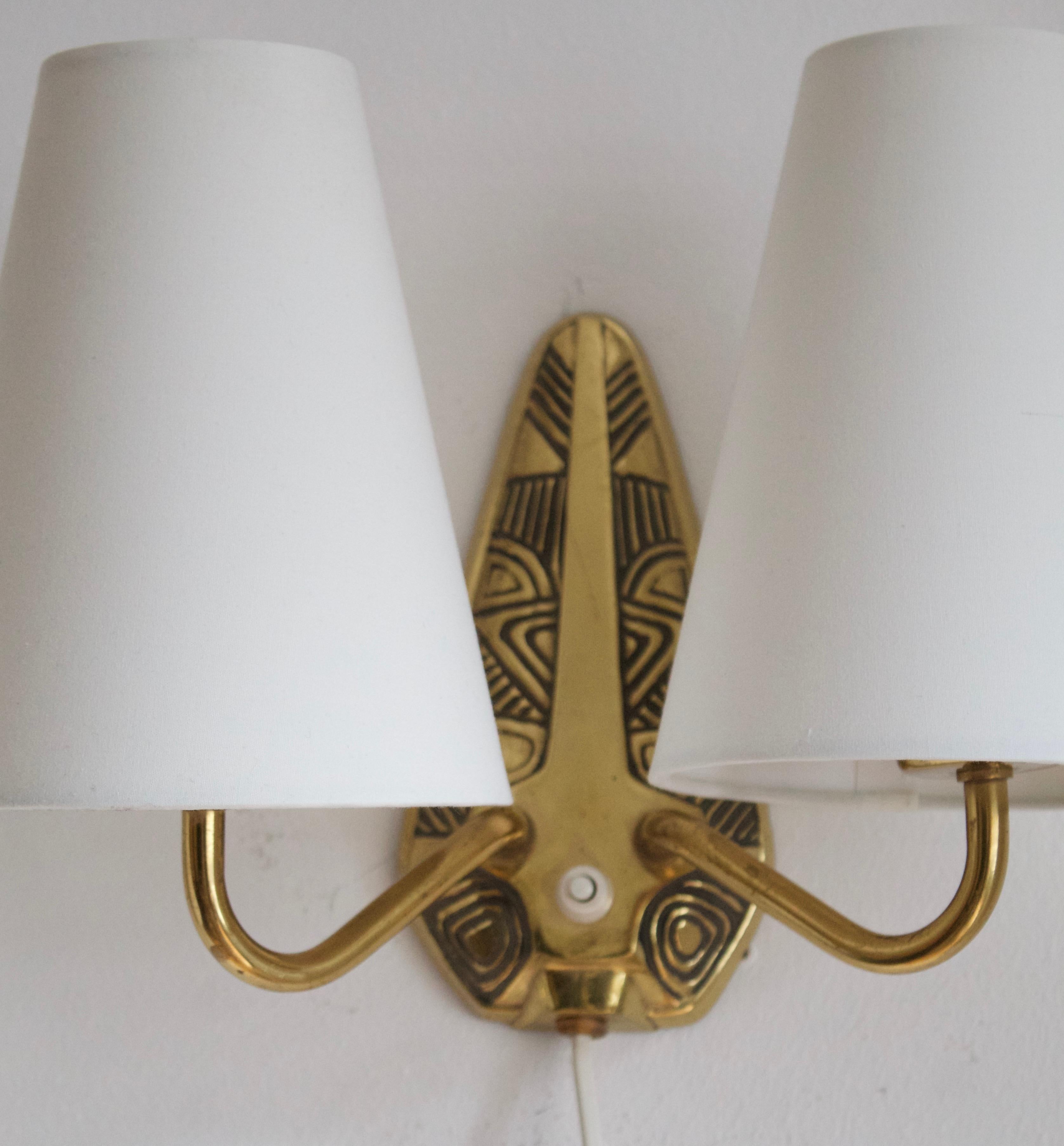 Mid-Century Modern Sonja Katzin, Two-Armed Wall Lights, Brass, Fabric, for ASEA, Sweden, 1950s