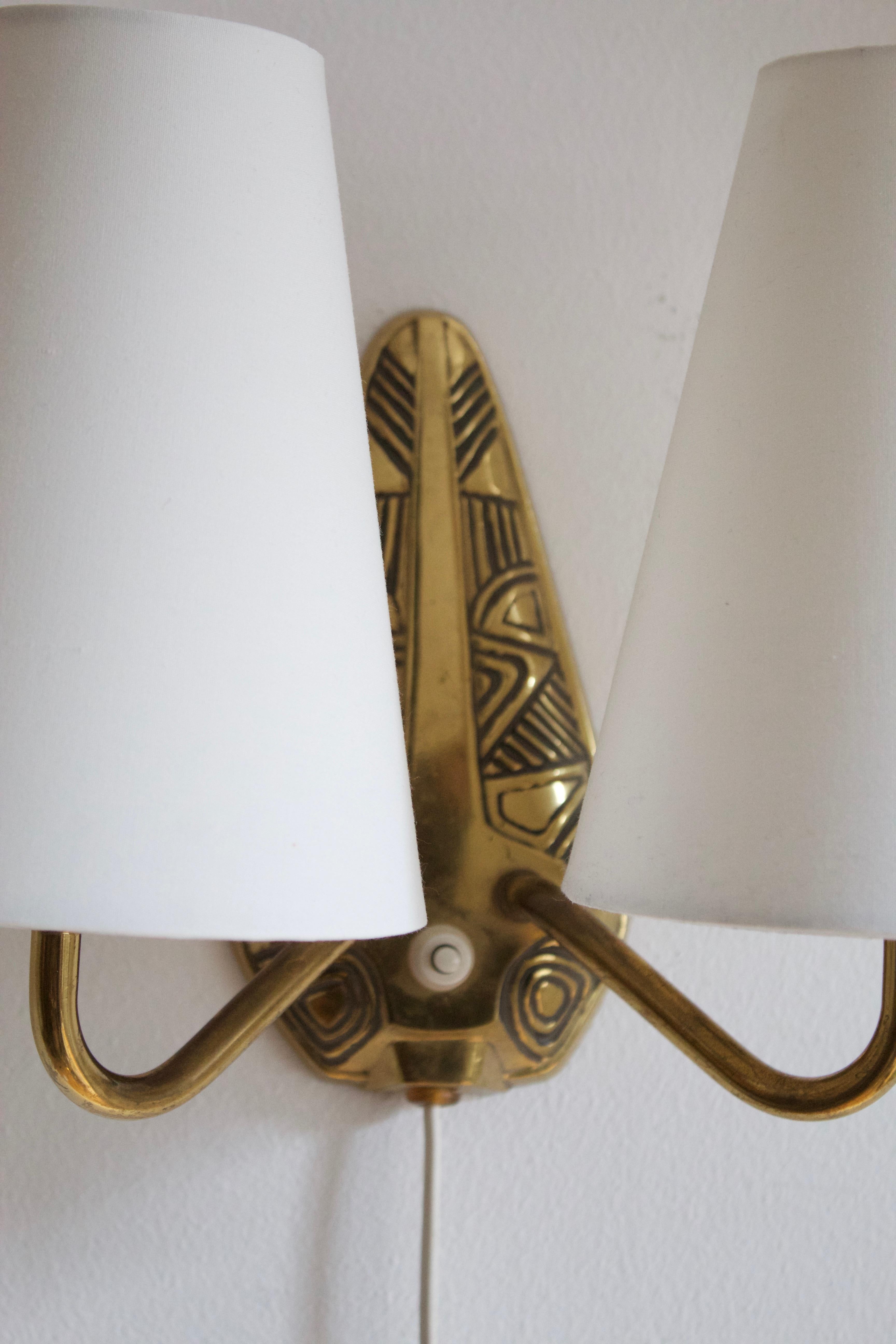 Swedish Sonja Katzin, Two-Armed Wall Lights, Brass, Fabric, for ASEA, Sweden, 1950s