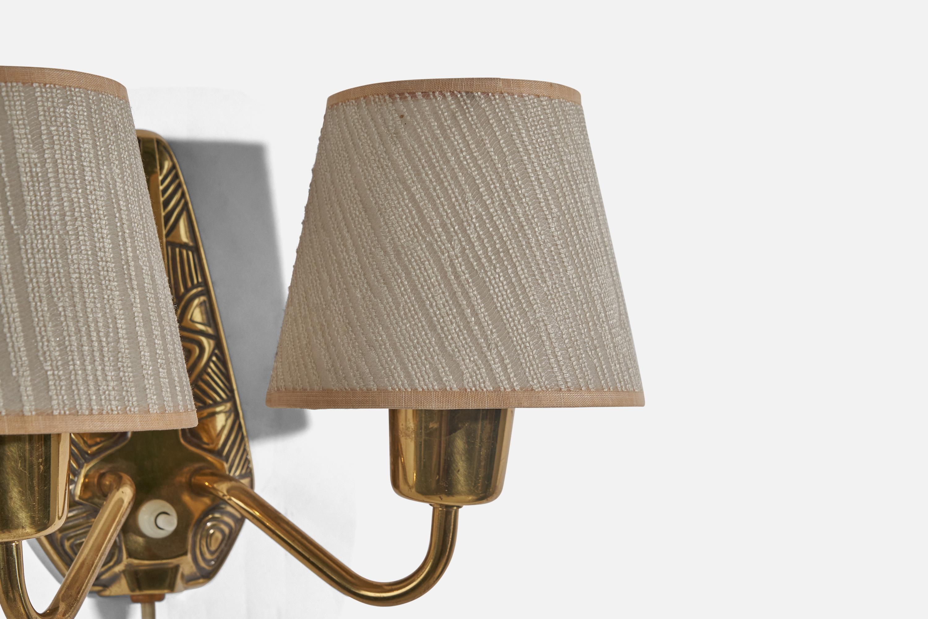 Swedish Sonja Katzin, Wall Lights, Brass, Fabric, ASEA, Sweden, 1940s For Sale