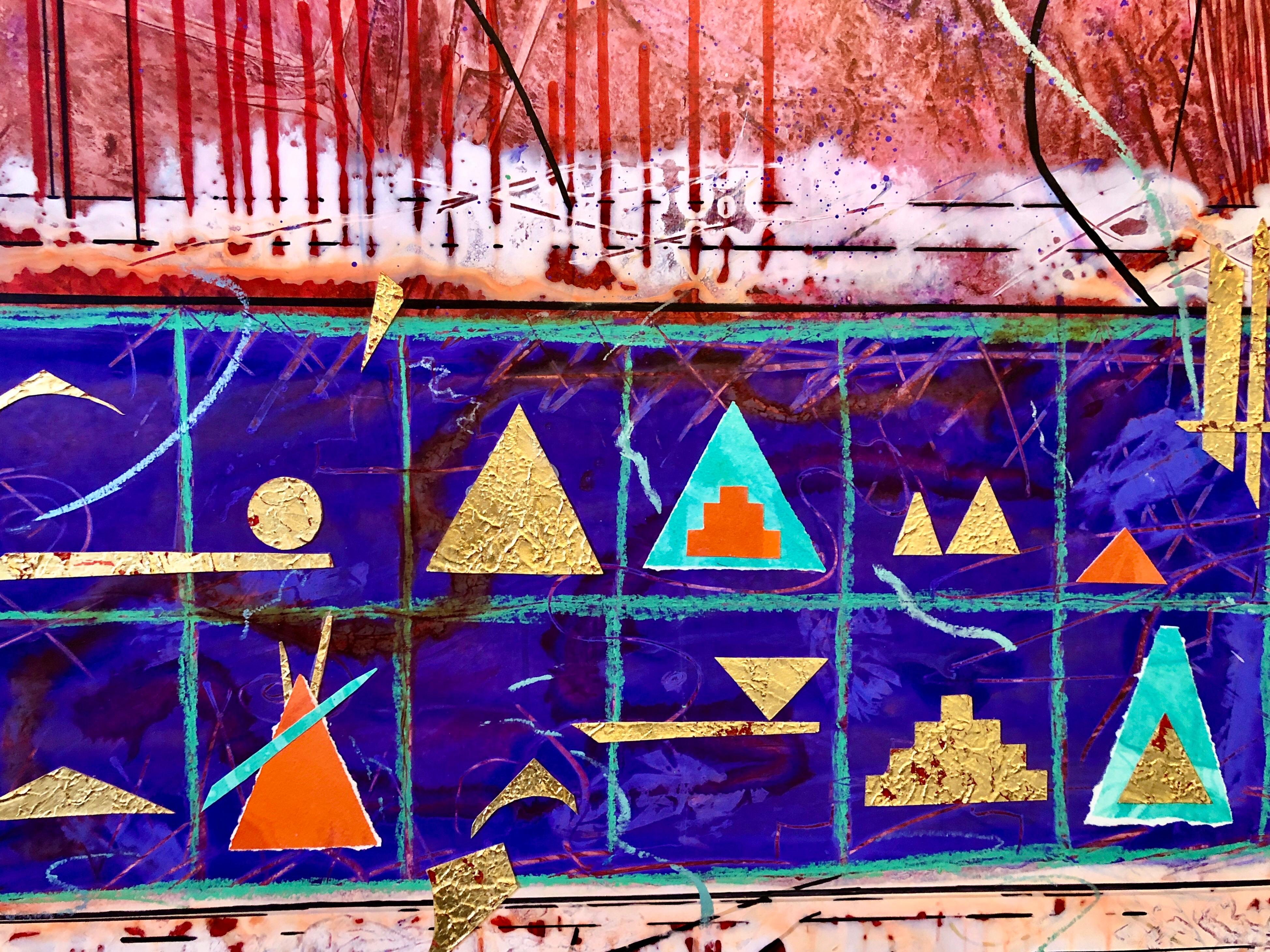 Acrylique abstrait coloré Contemporary  Dorure Collage Peinture Feuille d'Or Dorure en vente 1