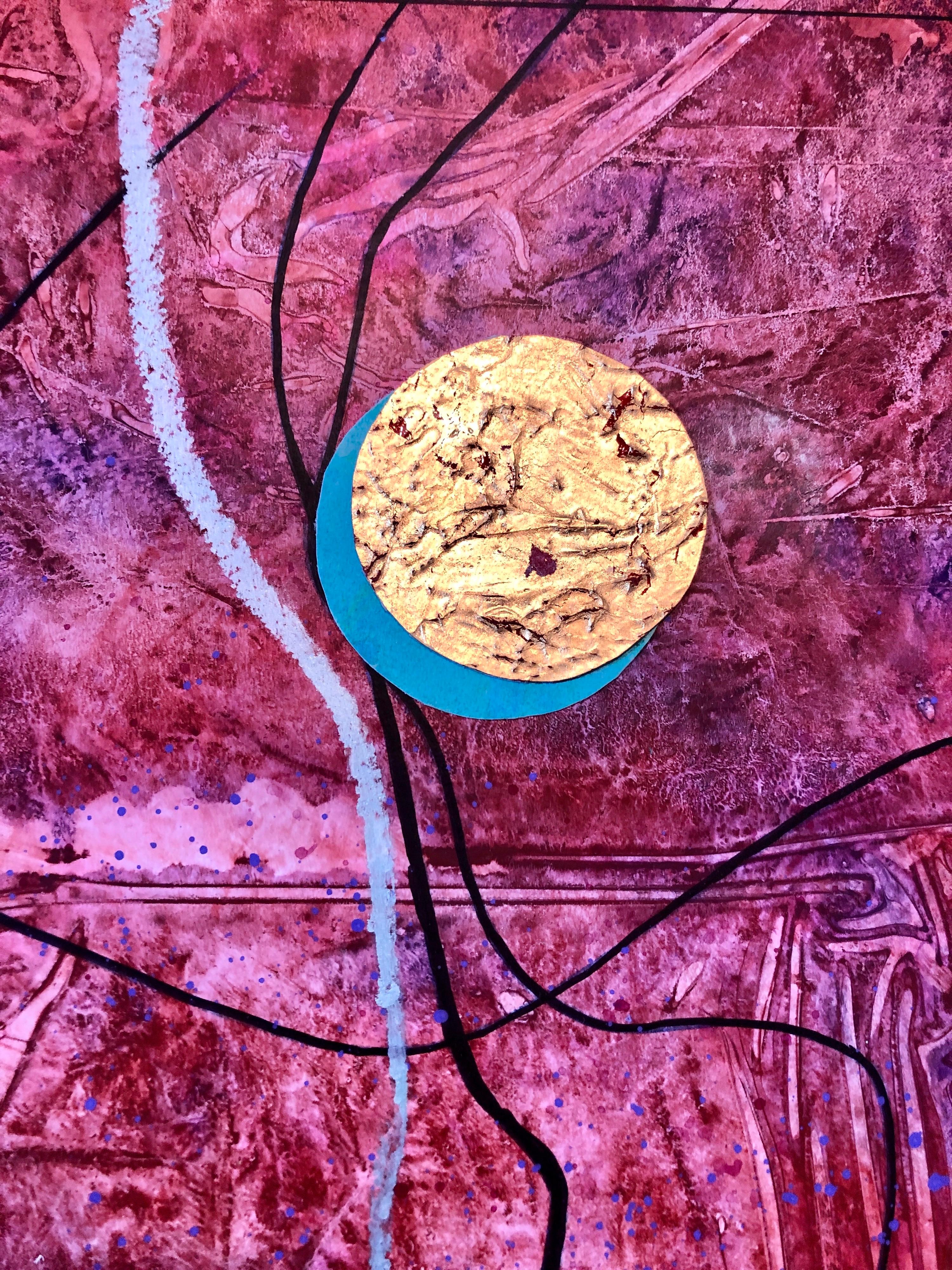 Acrylique abstrait coloré Contemporary  Dorure Collage Peinture Feuille d'Or Dorure en vente 3