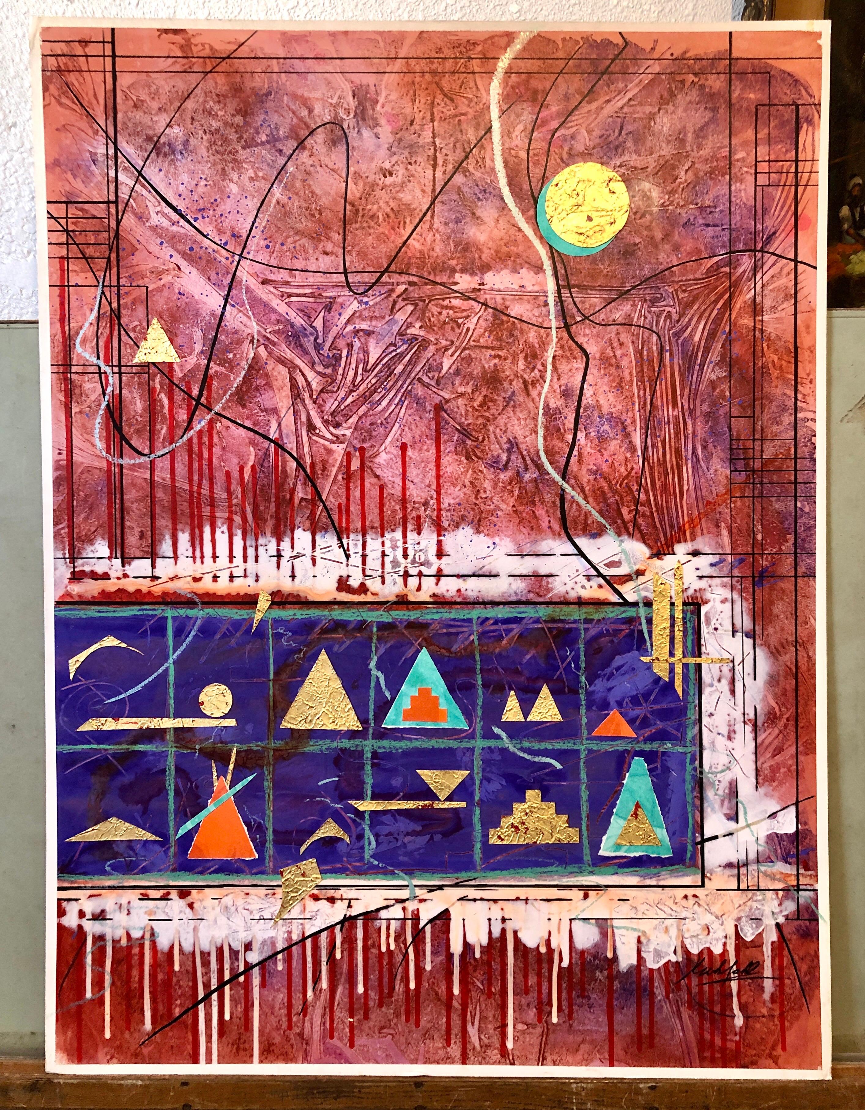 Acrylique abstrait coloré Contemporary  Dorure Collage Peinture Feuille d'Or Dorure en vente 6