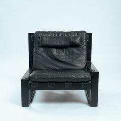 2 Sonja Wasseur brutalist chairs & footstool, wood with leather straps, 1970s