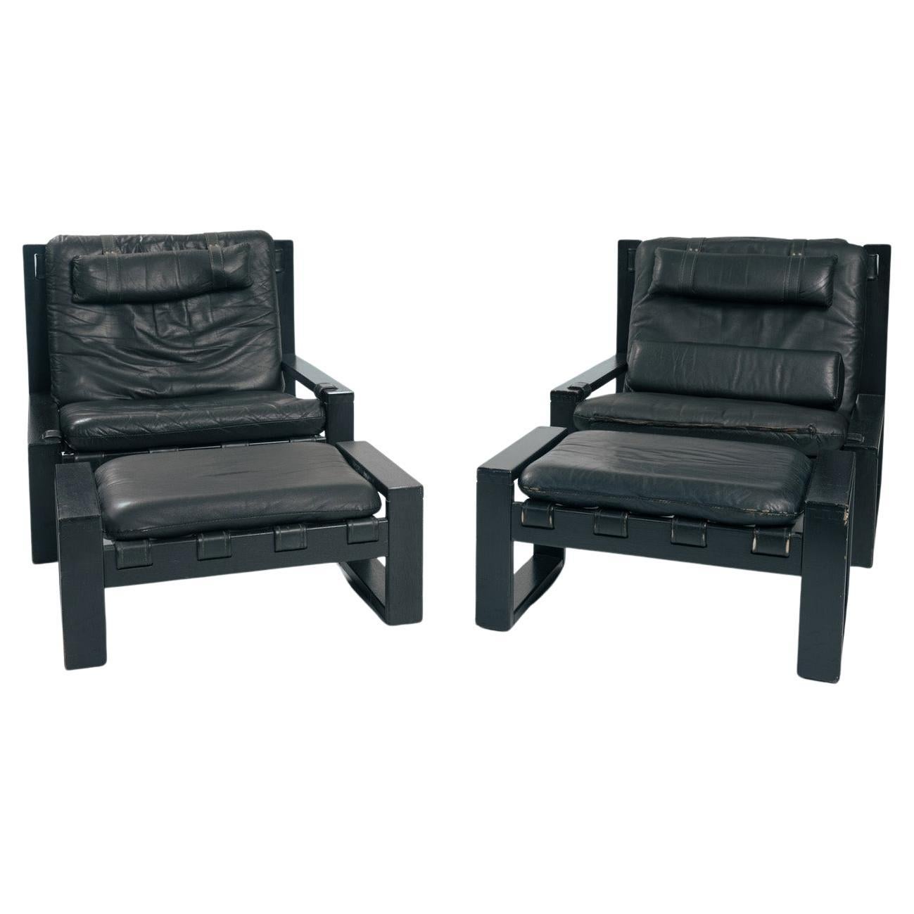 Sonja Wasseur brutalist easy chairs, ottoman in oak with leather straps, set of2