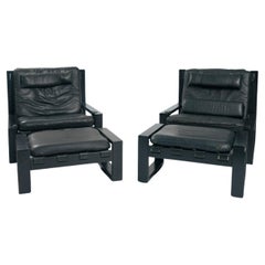 Sonja Wasseur brutalist easy chairs, ottoman in oak with leather straps, set of2