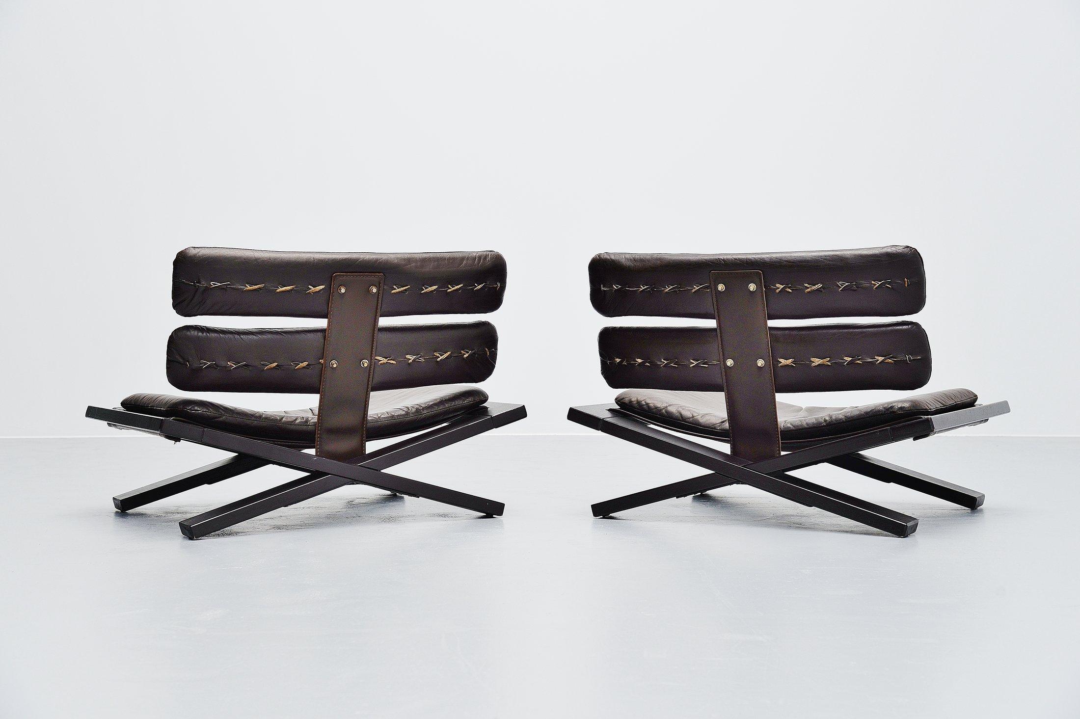 Amazing pair of lounge chairs Boedha (Buddha) designed by Sonja Wasseur and produced in her own workshop, Holland, 1974. Sonja Wasseur started designing furniture in 1970 after she had worked for several furniture makers as designer, she wanted to