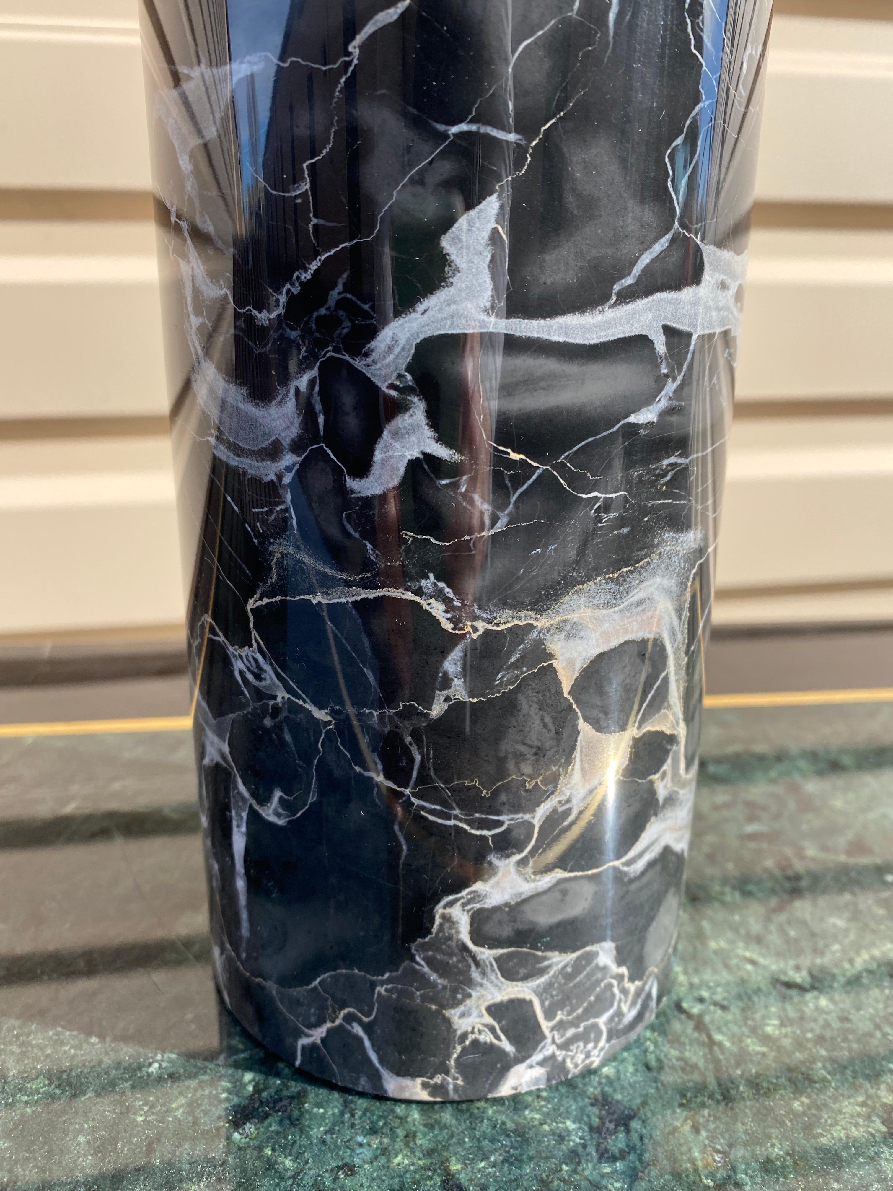 Minimalist Sonneman Black Marble Cylinder Table Lamp with Pleated Shade For Sale