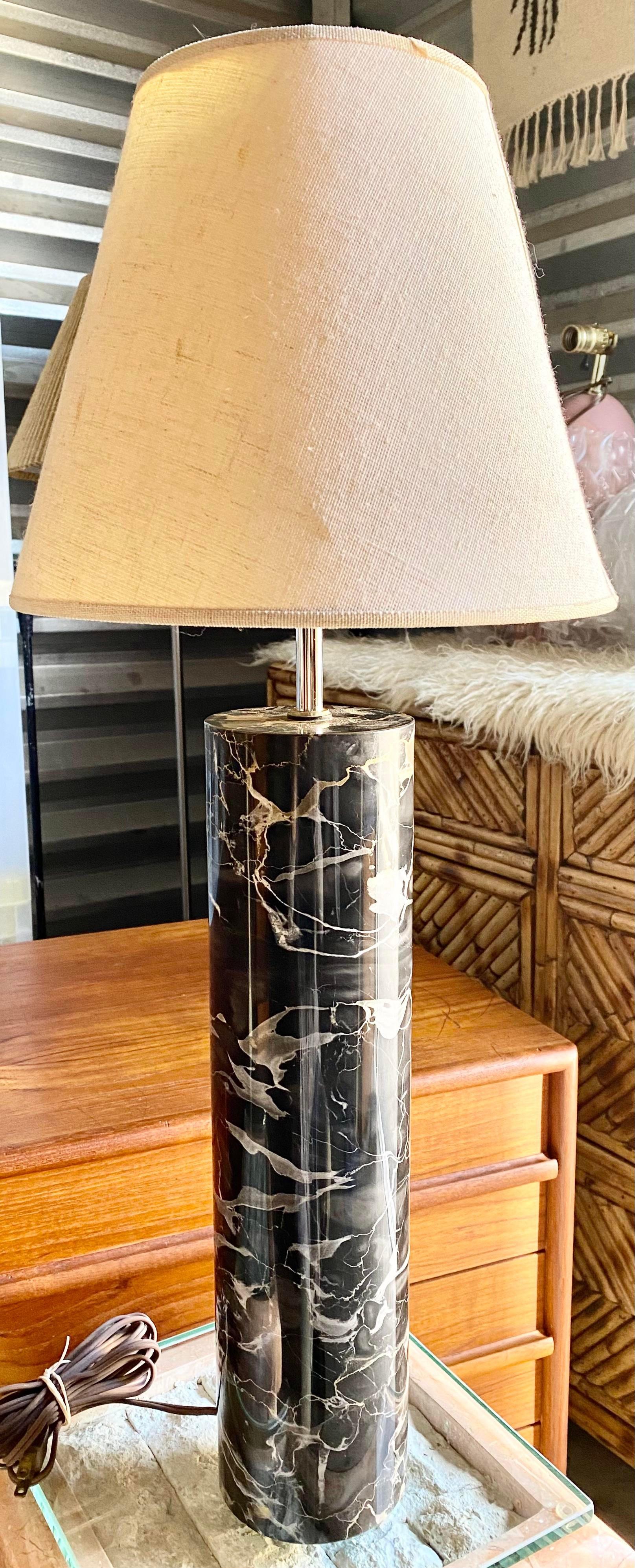 Sonneman Black Marble Cylinder Table Lamp with Pleated Shade In Good Condition For Sale In Round Top, TX