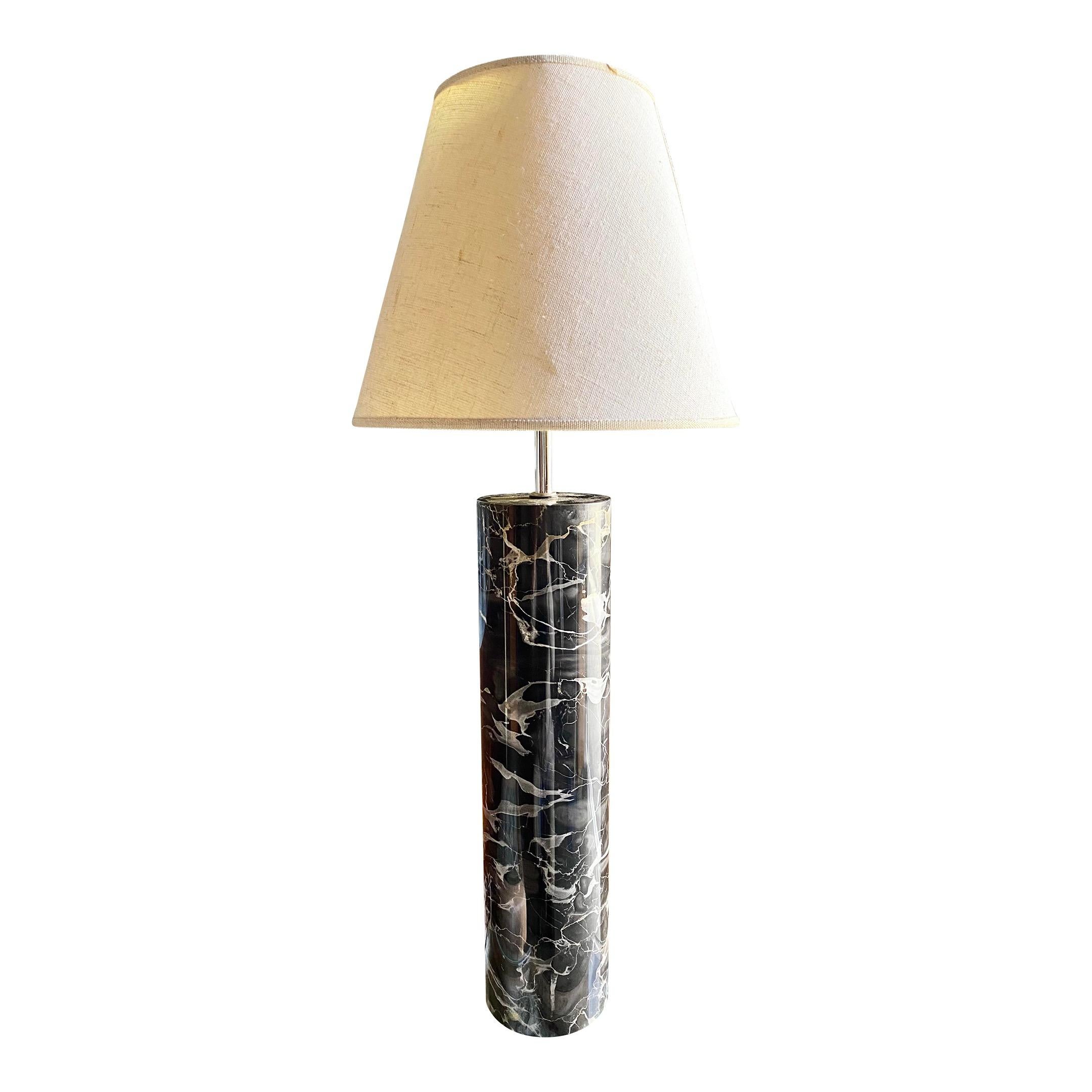 20th Century Sonneman Black Marble Cylinder Table Lamp with Pleated Shade For Sale