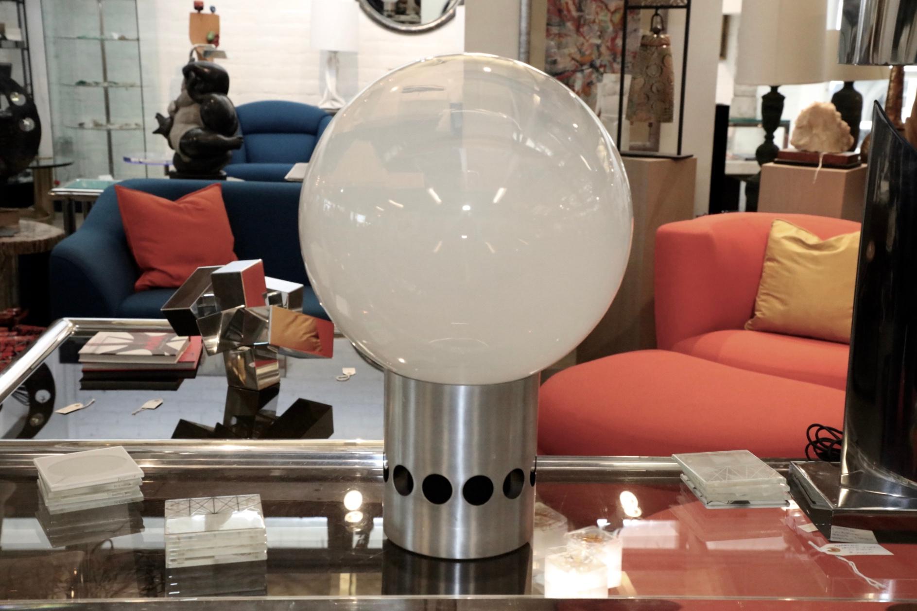 A labelled (partial) Sonneman sphere or bubble glass shade table. In working condition. Minor marks to the aluminum body exterior, and marks and paint loss to the interior which is covered and not seen when in use.