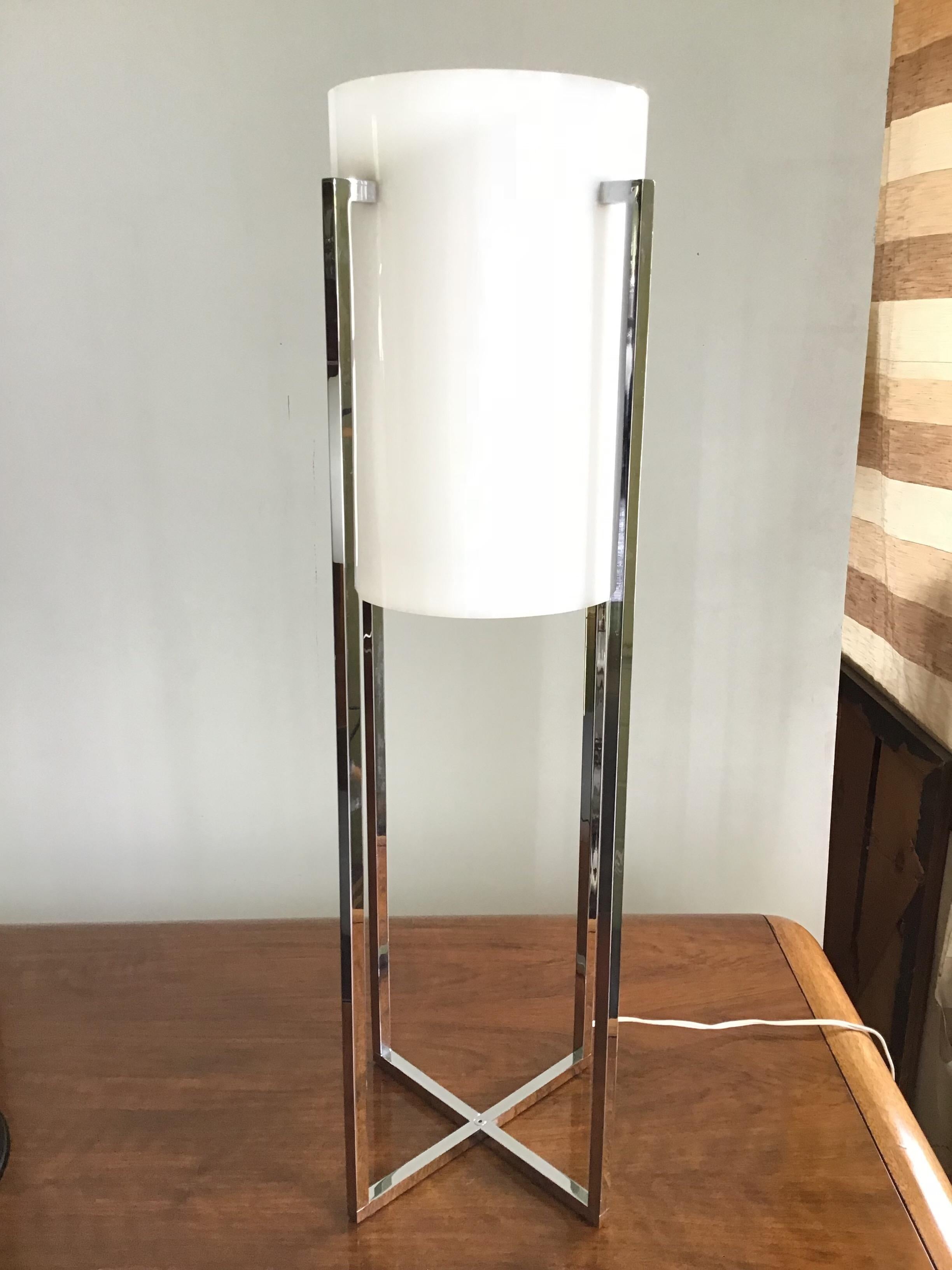 Signed Sonneman chrome x-base table lamp. IT features small square tubular frame with opaque white lucite cylindrical shade. It is from the 1970s. I left orig. Oral Roberts University inventory tag on, as a bonus : ). They are know for some extreme