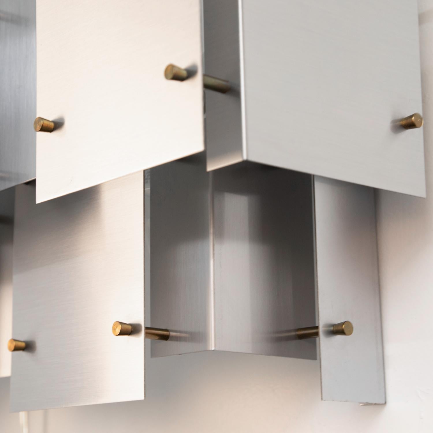 American Sonneman Large Wall Sconce in Brushed Steel with Brass Accents 1970s 'Signed' For Sale