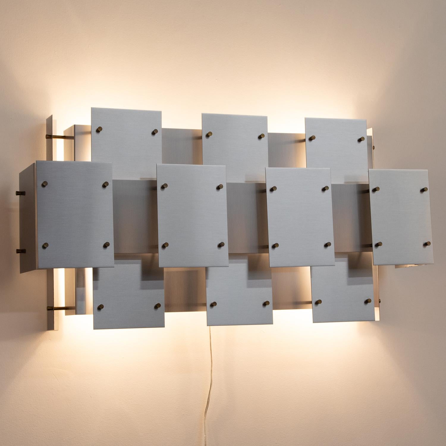 Hand-Crafted Sonneman Large Wall Sconce in Brushed Steel with Brass Accents 1970s 'Signed' For Sale
