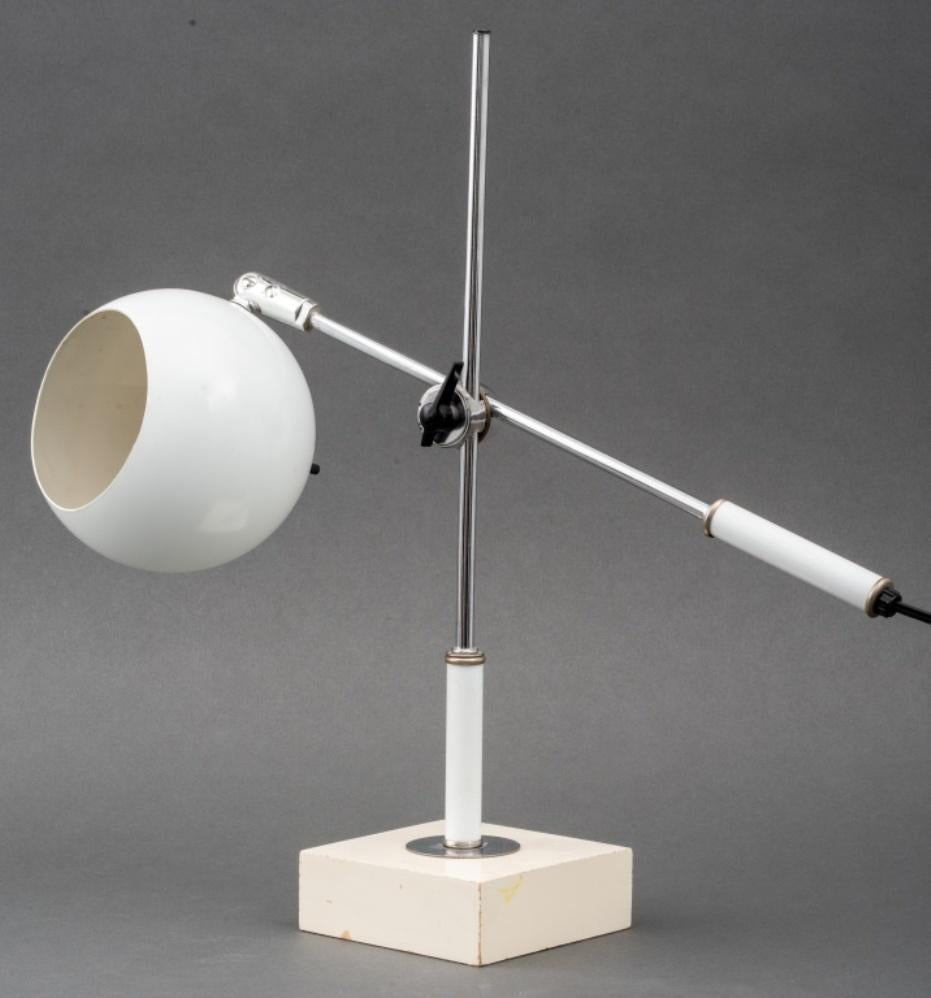 Robert Sonneman Mid-Century Modern articulated desktop table lamp with white enamled spherical shade upon a white-painted wooden base. Measures : 18.8