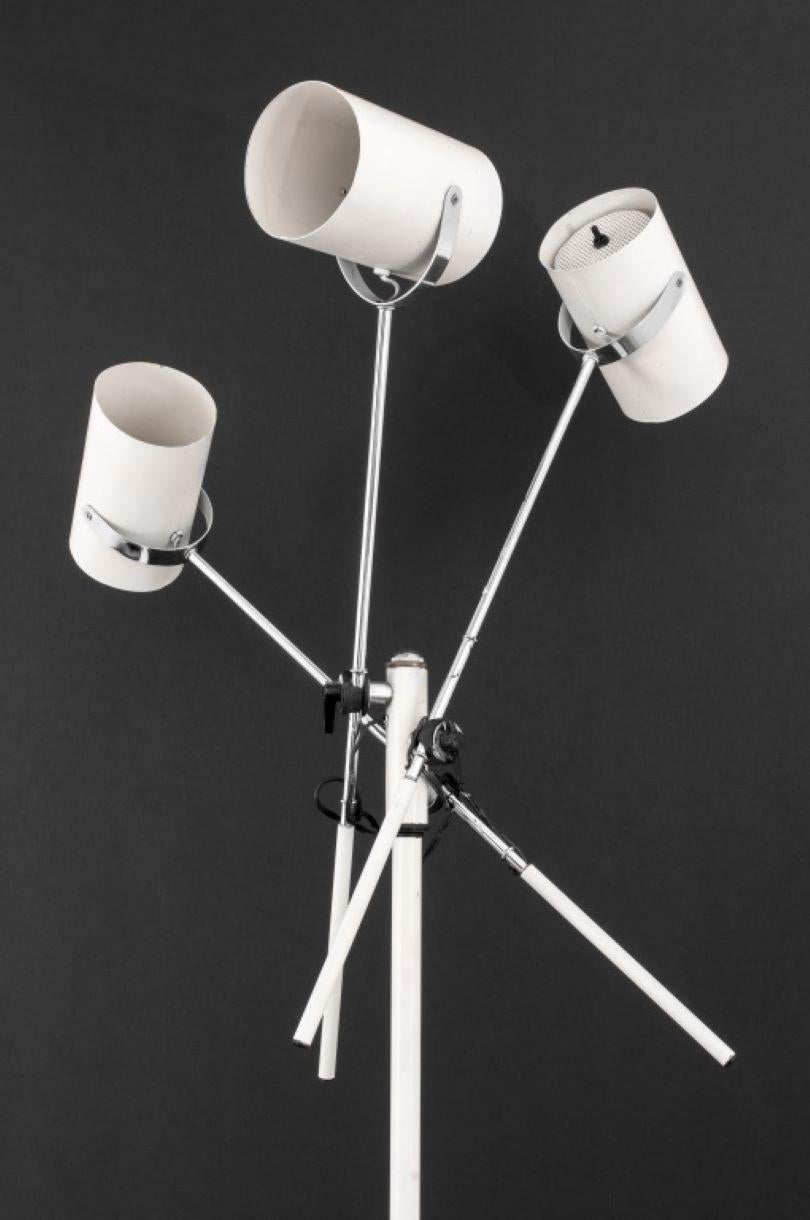 Robert Sonneman Style White Painted Three-Light Floor Lamp, chrome-plated metal adjustable arms with cylindrical can form shades, apparently unmarked. One configuration: 63
