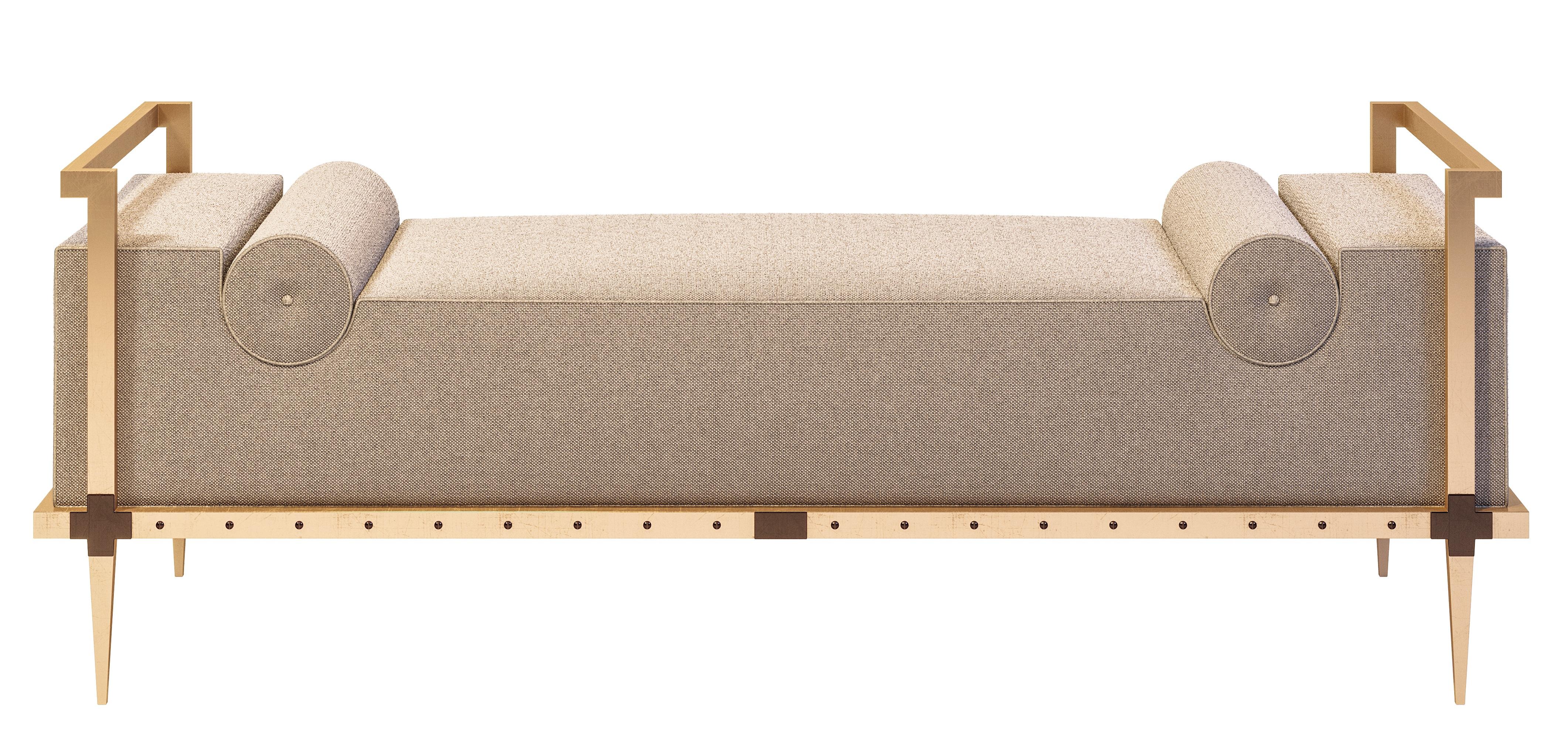 Upholstery Sonnet Bench, Contemporary Upholstered Solid Brass Bench with Bronze Details For Sale