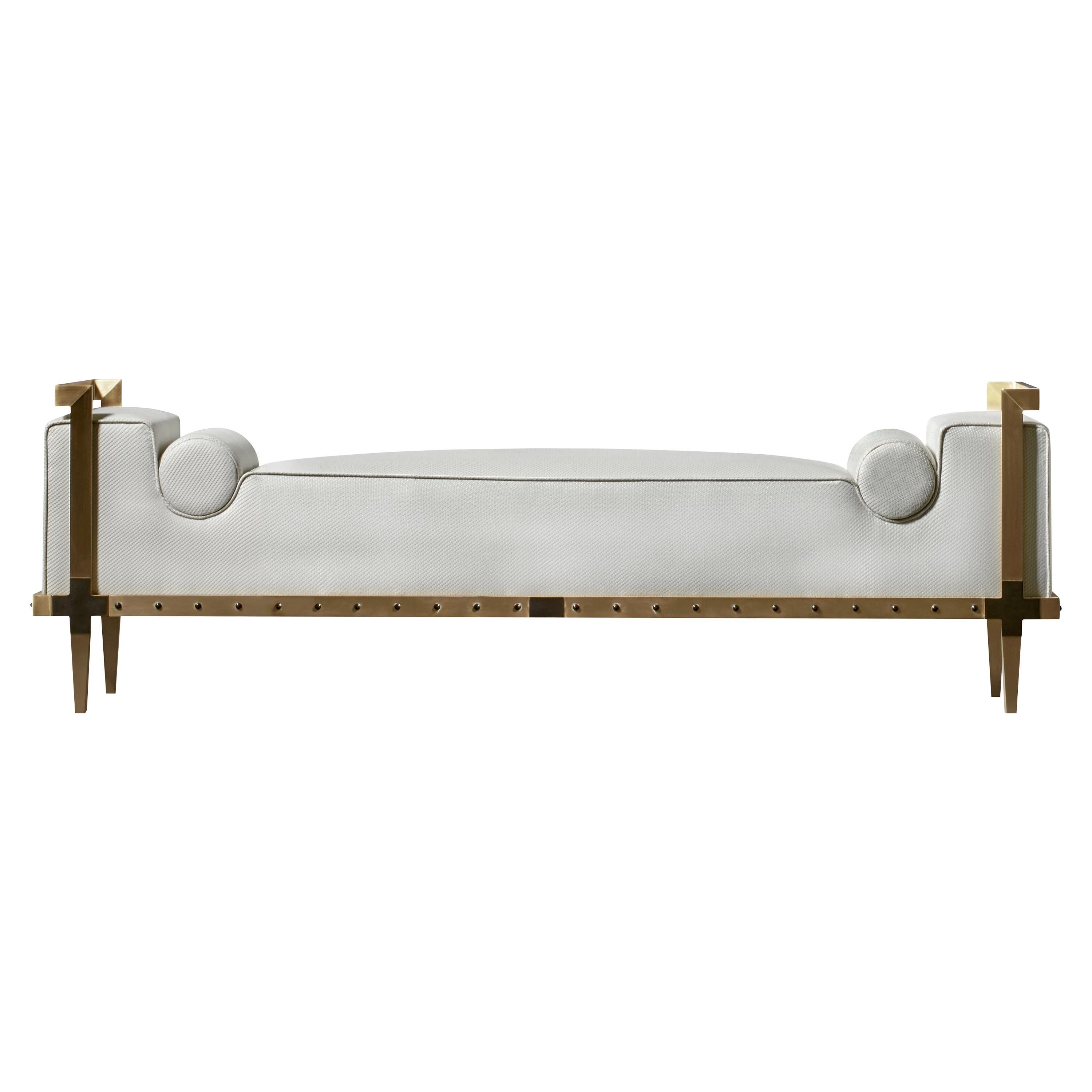 Sonnet Bench, Contemporary Upholstered Solid Brass Bench with Bronze Details For Sale