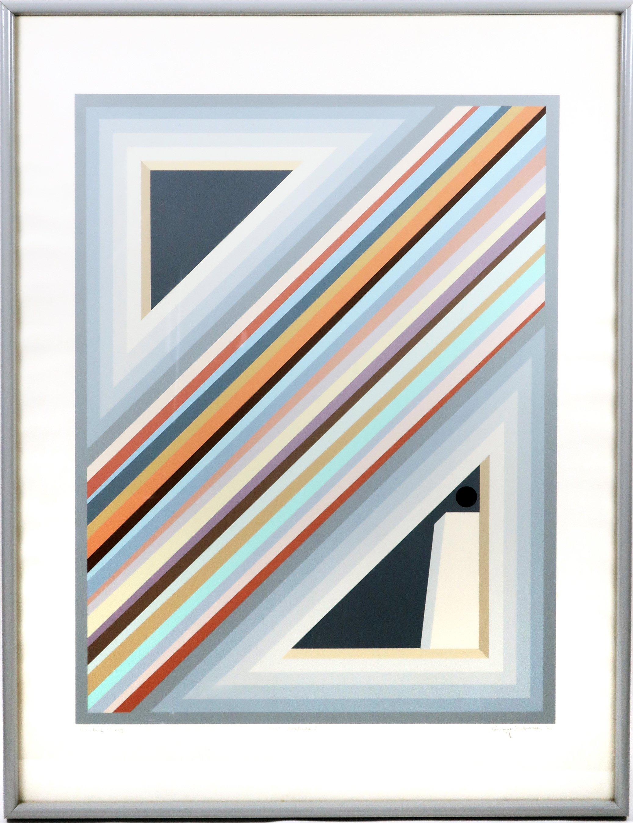 A captivating op-art serigraph by Sonny Zoback dated 1984. Hand signed, titled, and dated by the artist, this print of “Solitude II” is noted as a Printer’s Proof. 

Presented in a grey metal frame and ready to hang. In excellent vintage