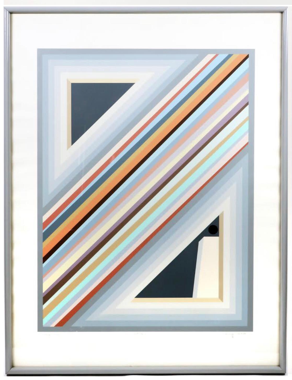 A captivating op-art serigraph by Sonny Zoback dated 1984. Hand signed, titled, and dated by the artist, this print of “Solitude II” is noted as a Printer’s Proof. 

Presented in a grey metal frame and ready to hang. In excellent vintage