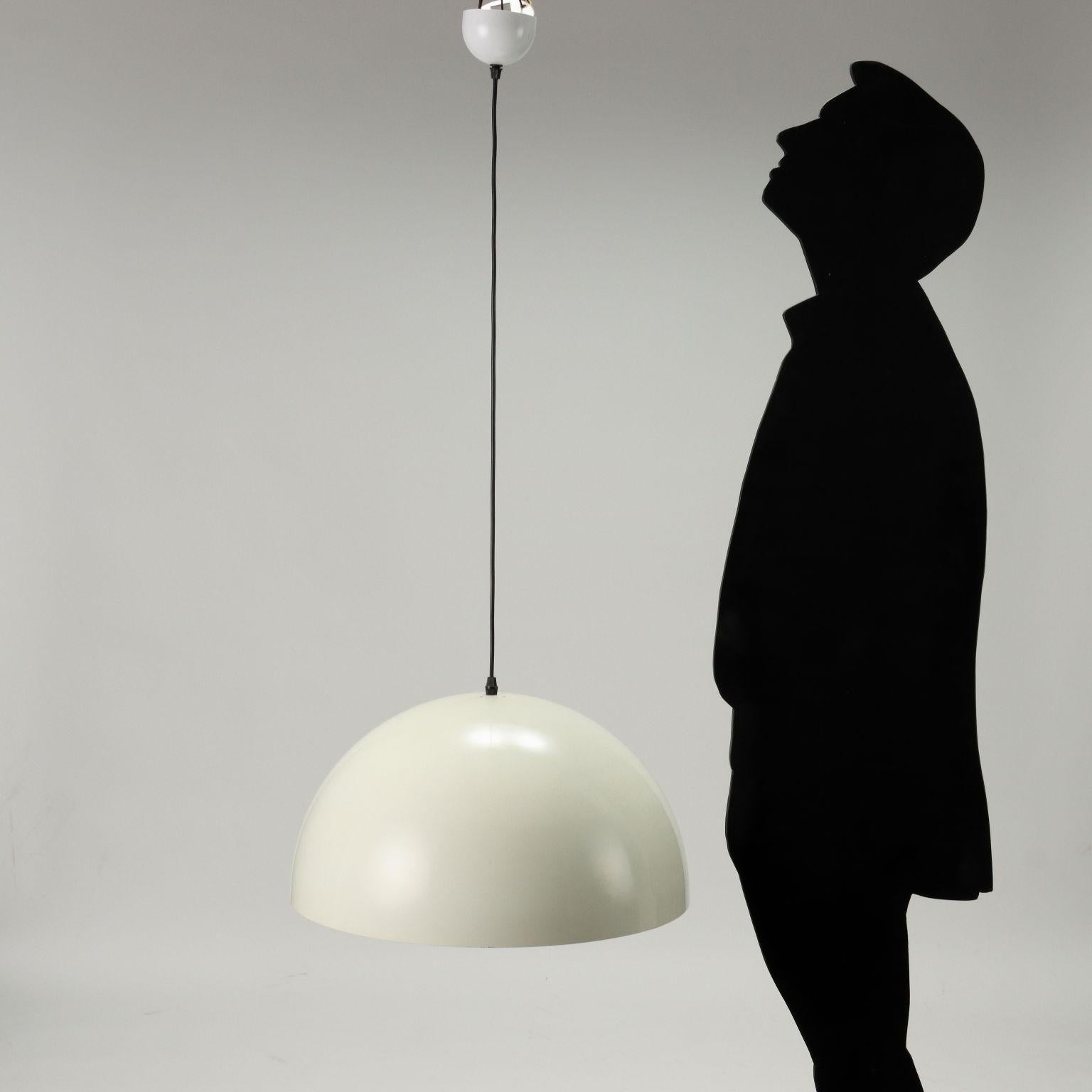 Suspension lamp model 'Sonora' designed by Vico Magistretti in 1976. Small version with direct and diffused light, with metal diffuser.