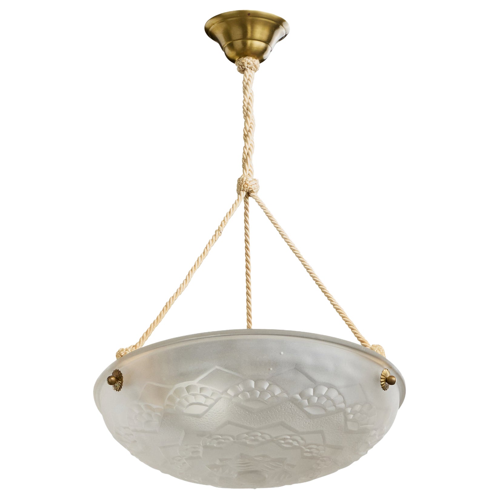 Sonover, Pendant Light, Glass, Rope, Brass, France, 1930s For Sale