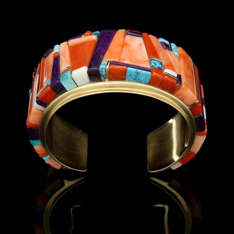 Women's or Men's Sonwai Old Cuff Bangle with a Mosaic of Gemstone Plaques, circa 1991