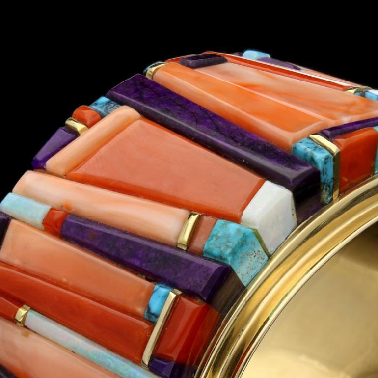 Women's or Men's Sonwai Old Cuff Bangle with a Mosaic of Gemstone Plaques, circa 1991