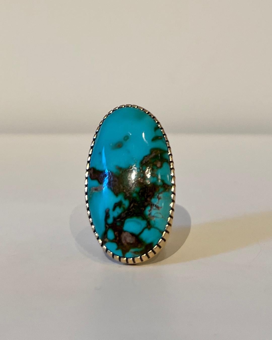 Native American Sonwai (Verma Nequetewa ) Royston Turquoise Silver and Gold Ring Circa 2018 For Sale