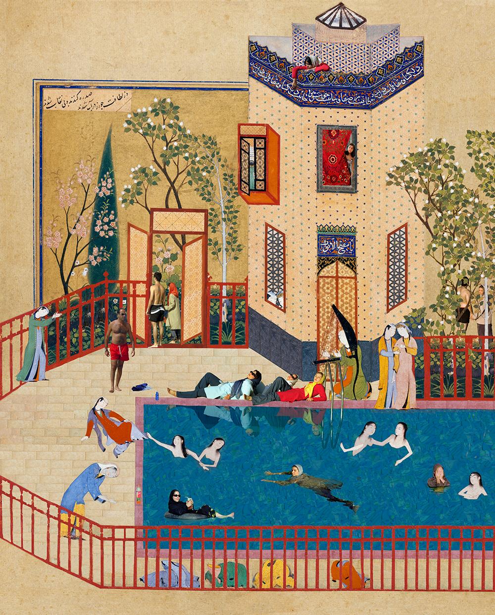 Donne che si divertono  in piscina - Soody Sharifi, Stampa a getto d'inchiostro, Arte mediorientale