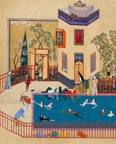 Donne che si divertono  in piscina - Soody Sharifi, Stampa a getto d'inchiostro, Arte mediorientale